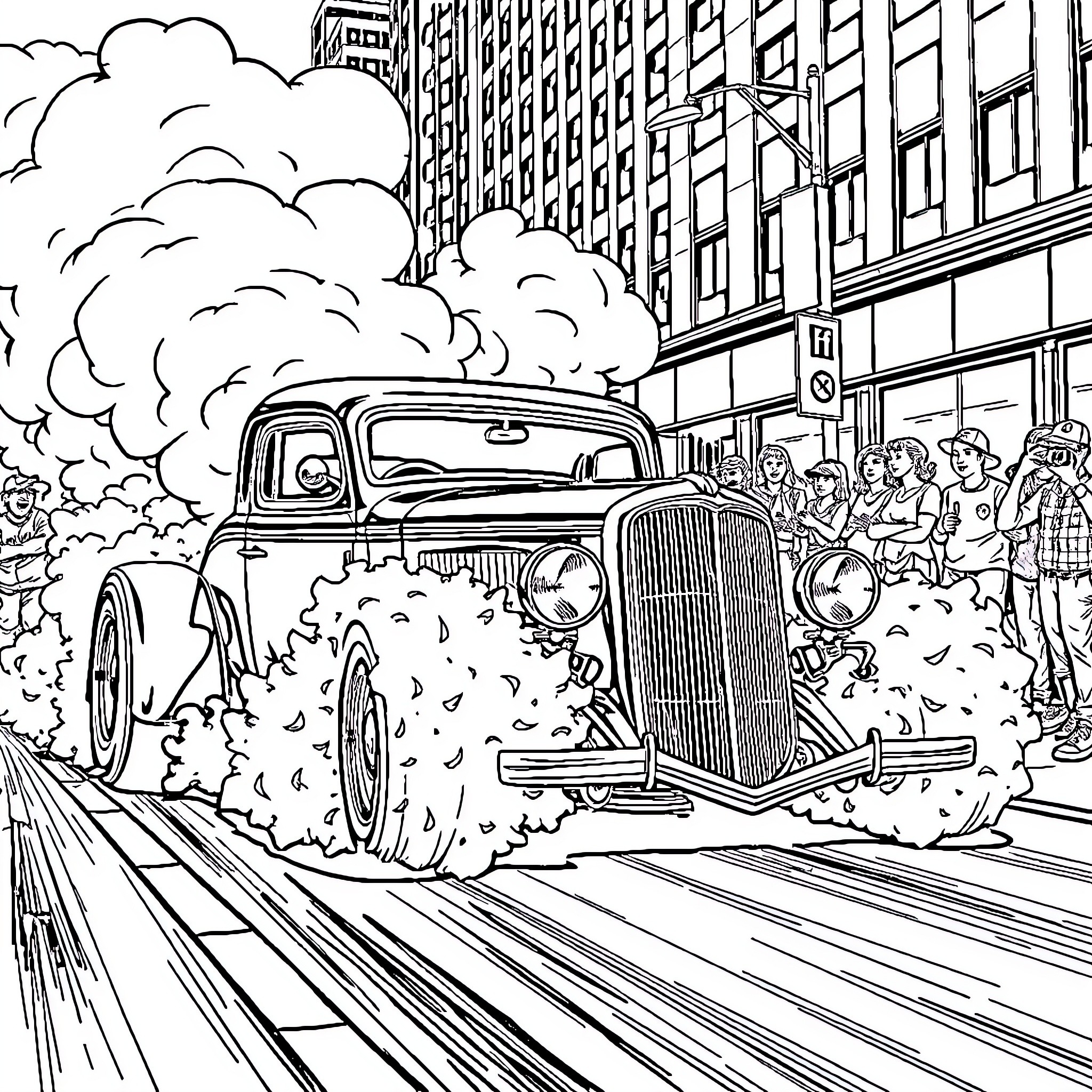 Hotrod speeding through crowded city streets Coloring Page (free black-and-white line drawing printable PDF for all, from beginners to advanced learners, including children, teens, adults, and seniors)