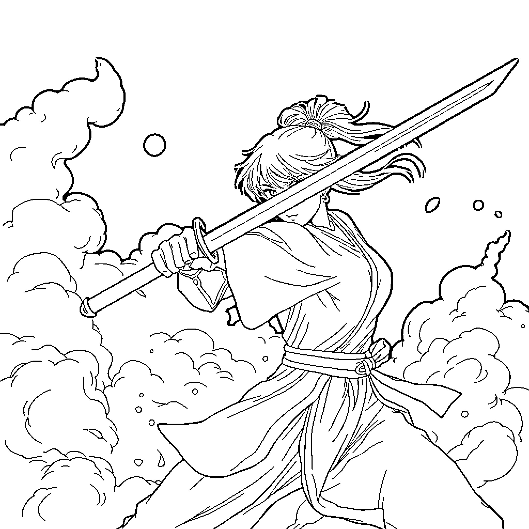 Kanae, the Warrior's Decisive Strike Coloring Page (free black-and-white line drawing printable PDF for all, from beginners to advanced learners, including children, teens, adults, and seniors)