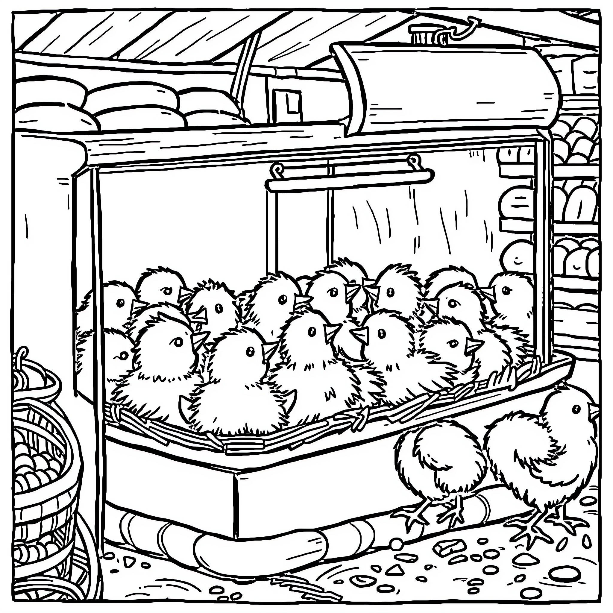 Chicks huddled inside a cozy incubator Coloring Page (free black-and-white line drawing printable PDF for all, from beginners to advanced learners, including children, teens, adults, and seniors)