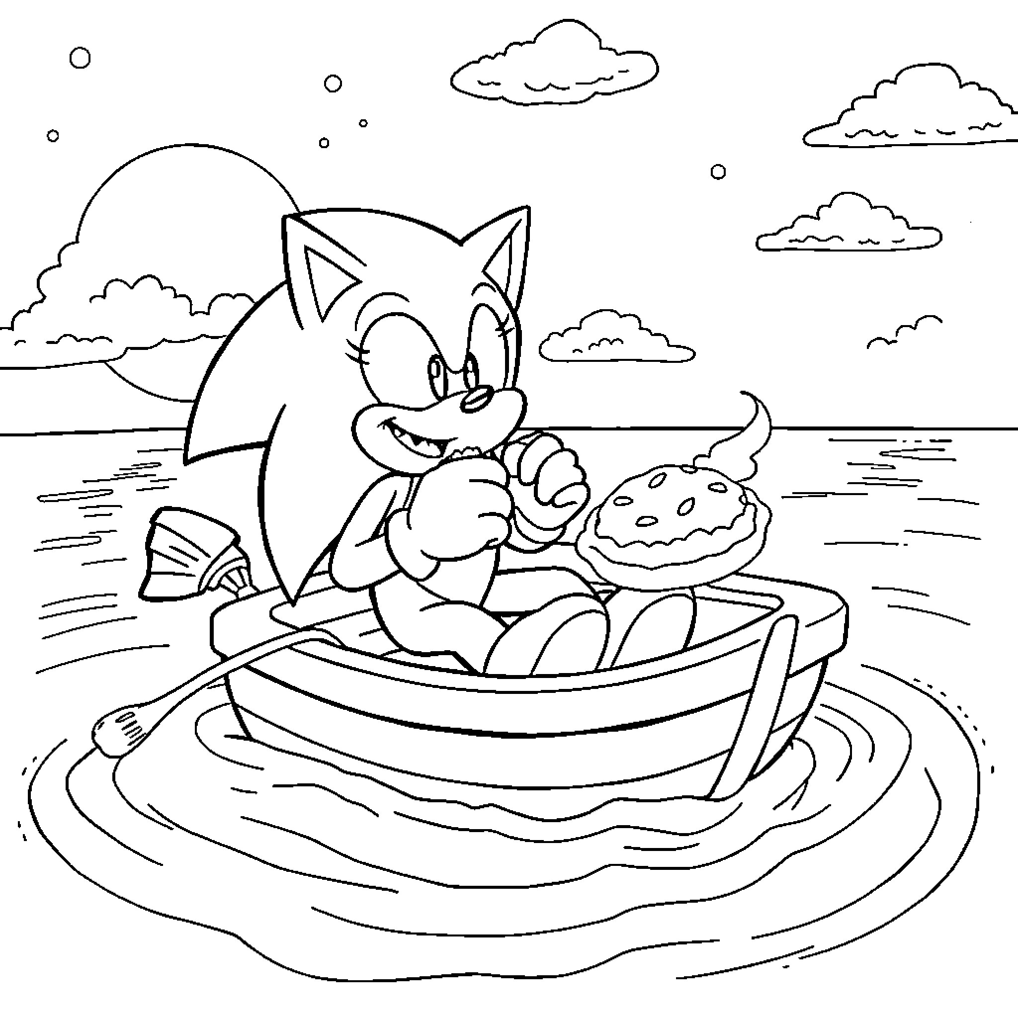 Sonic enjoying a boat ride with friends Coloring Page (free black-and-white line drawing printable PDF for all, from beginners to advanced learners, including children, teens, adults, and seniors)