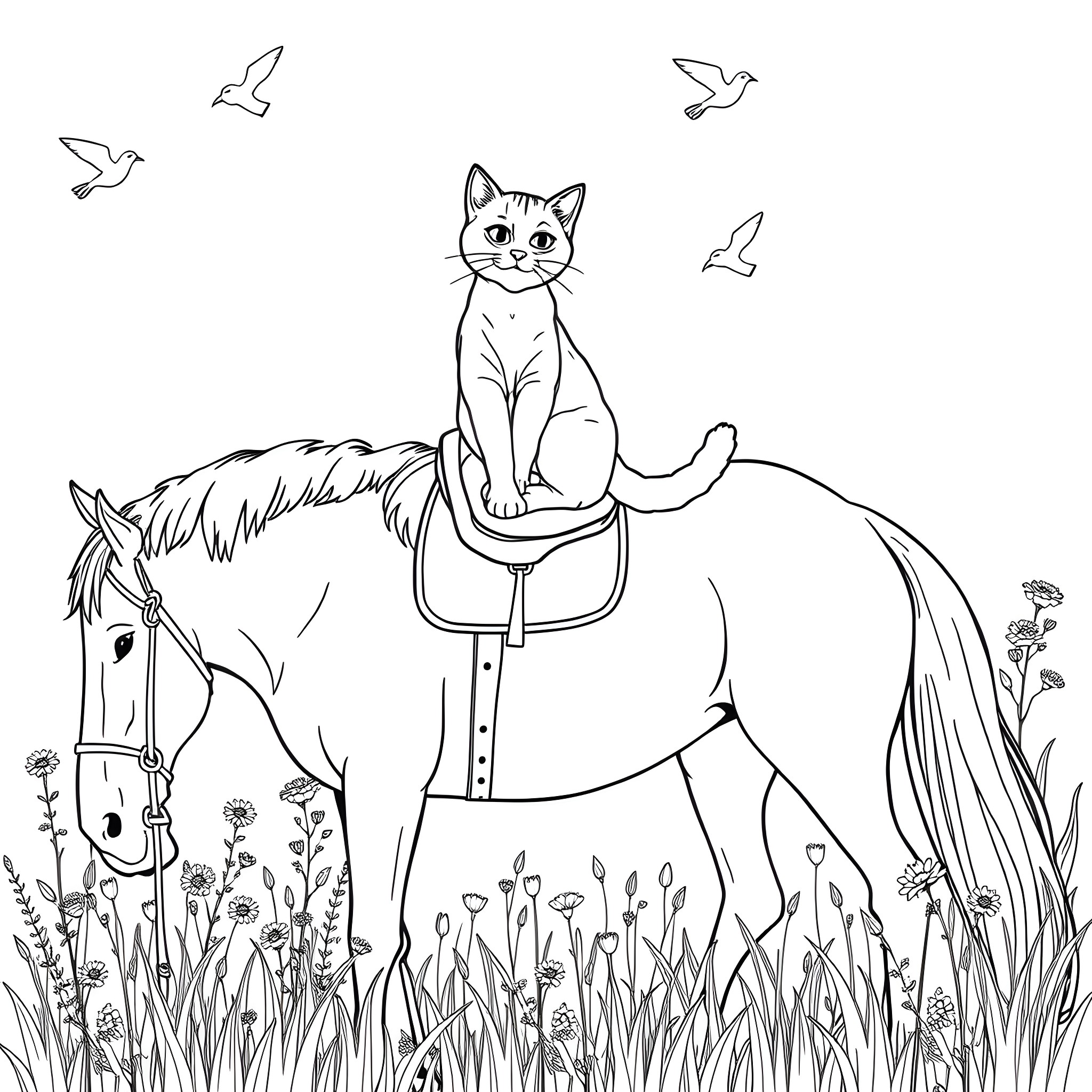 Cat riding a horse in a flower field Coloring Page (free black-and-white line drawing printable PDF for all, from beginners to advanced learners, including children, teens, adults, and seniors)