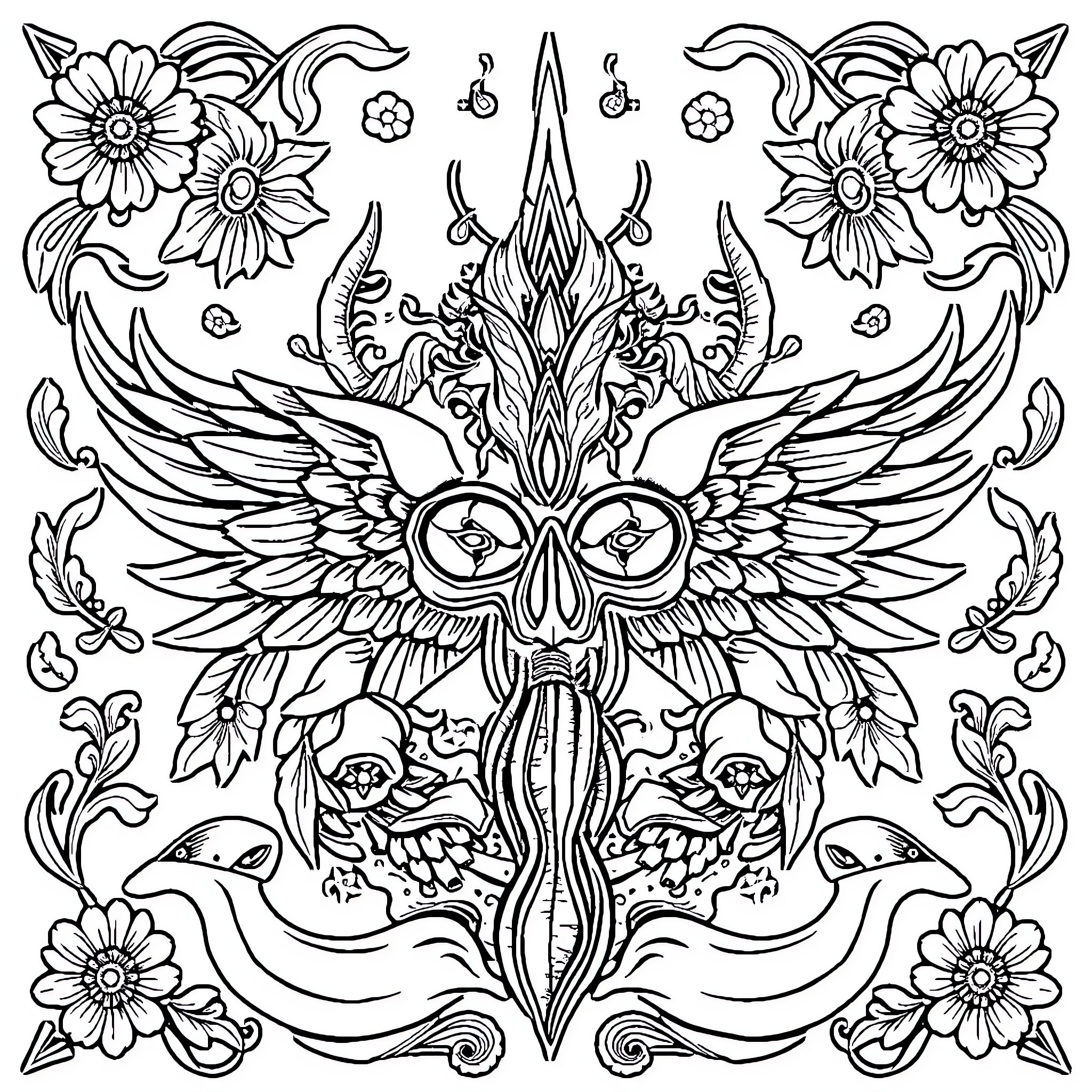 Tattoo of a mystical owl with intricate floral designs Coloring Page (free black-and-white line drawing printable PDF for all, from beginners to advanced learners, including children, teens, adults, and seniors)
