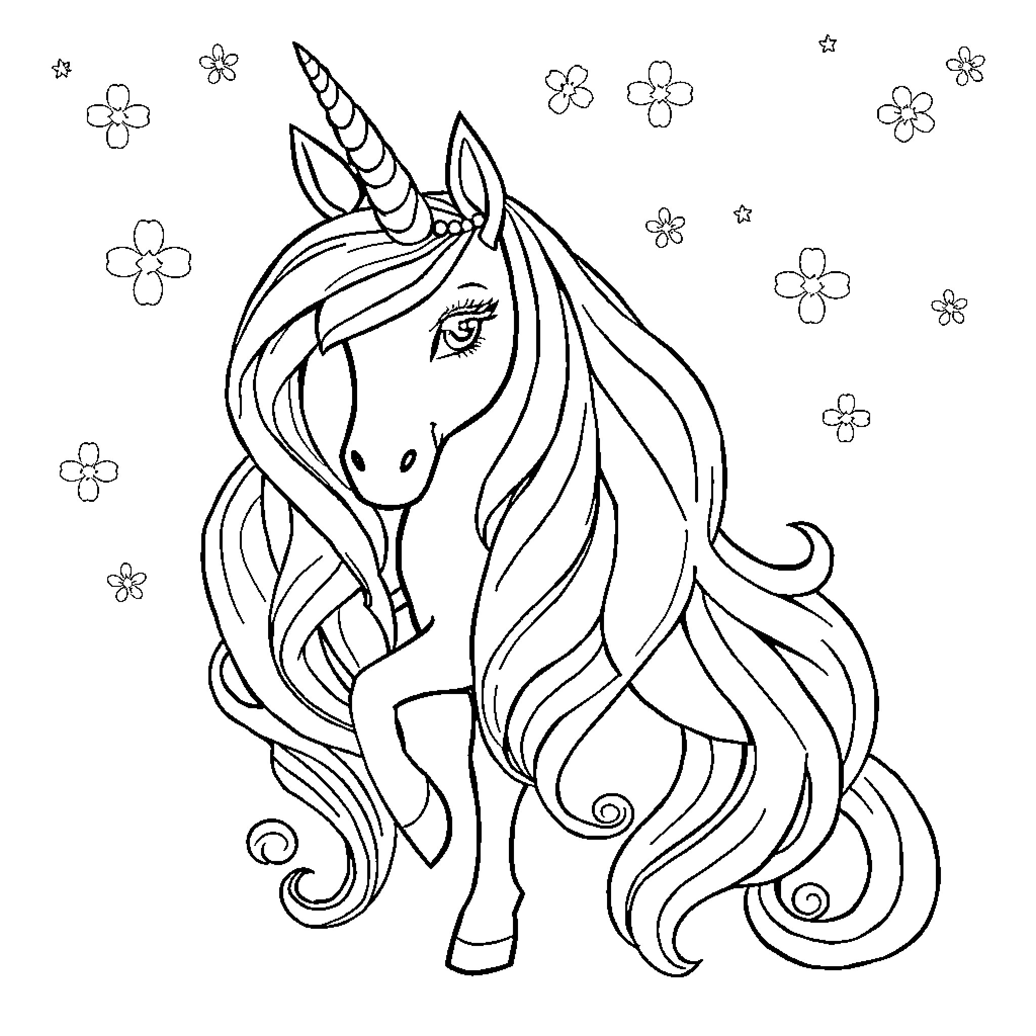 Unicorn with floral decorations Coloring Page (free black-and-white line drawing printable PDF for all, from beginners to advanced learners, including children, teens, adults, and seniors)