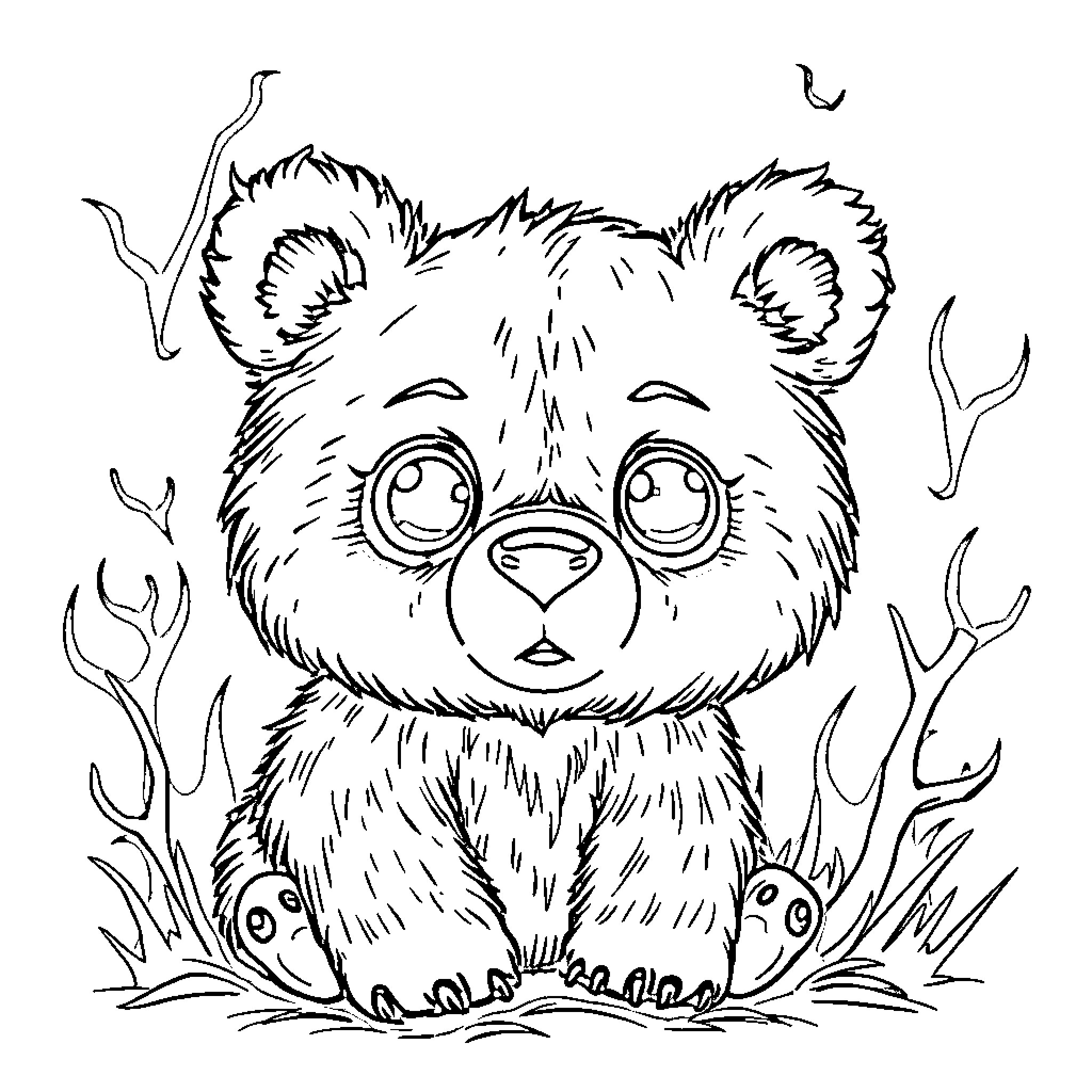 Bear Cub Peeking Through Foliage Coloring Page (free black-and-white line drawing printable PDF for all, from beginners to advanced learners, including children, teens, adults, and seniors)