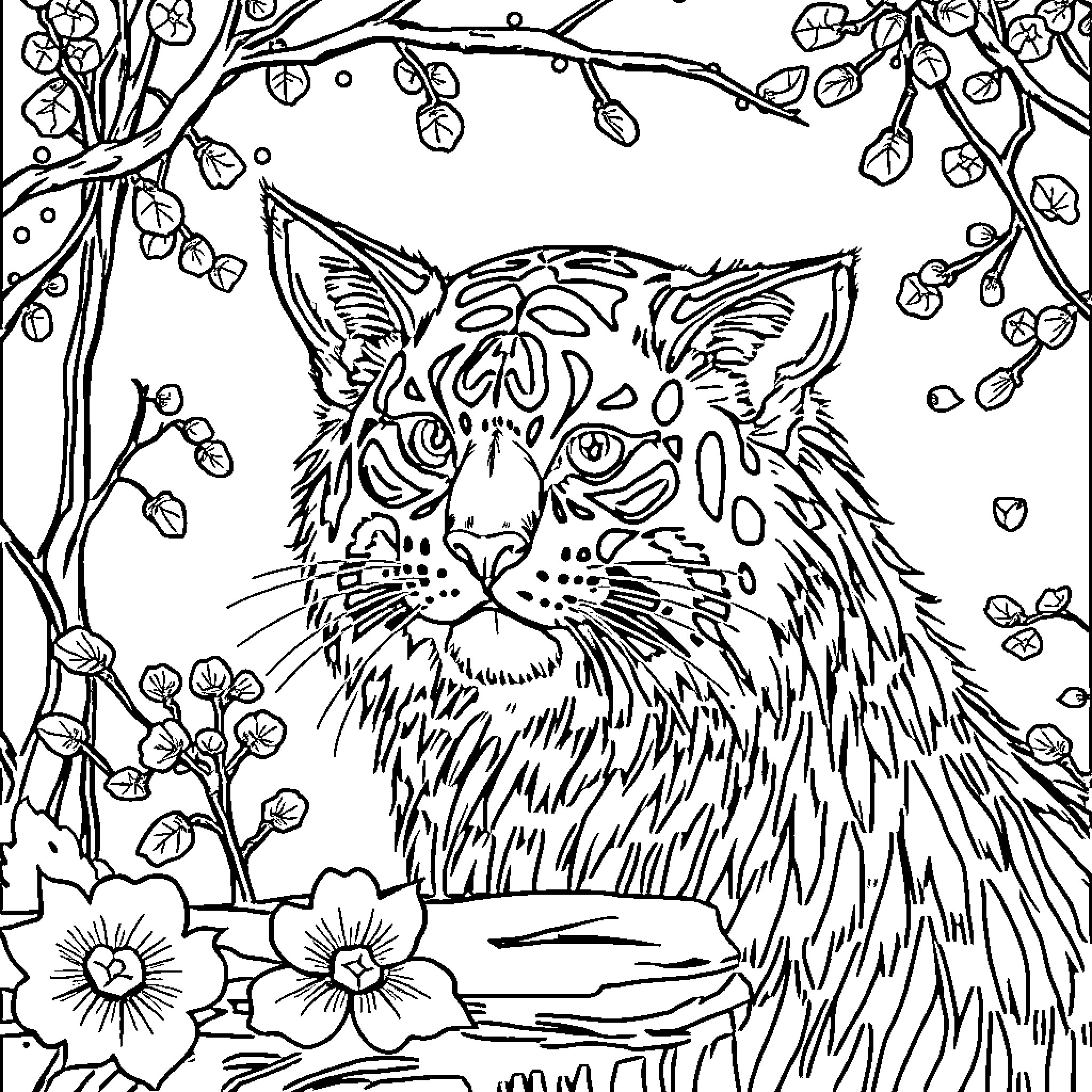 Ship sailing through floral forest Coloring Page (free black-and-white line drawing printable PDF for all, from beginners to advanced learners, including children, teens, adults, and seniors)