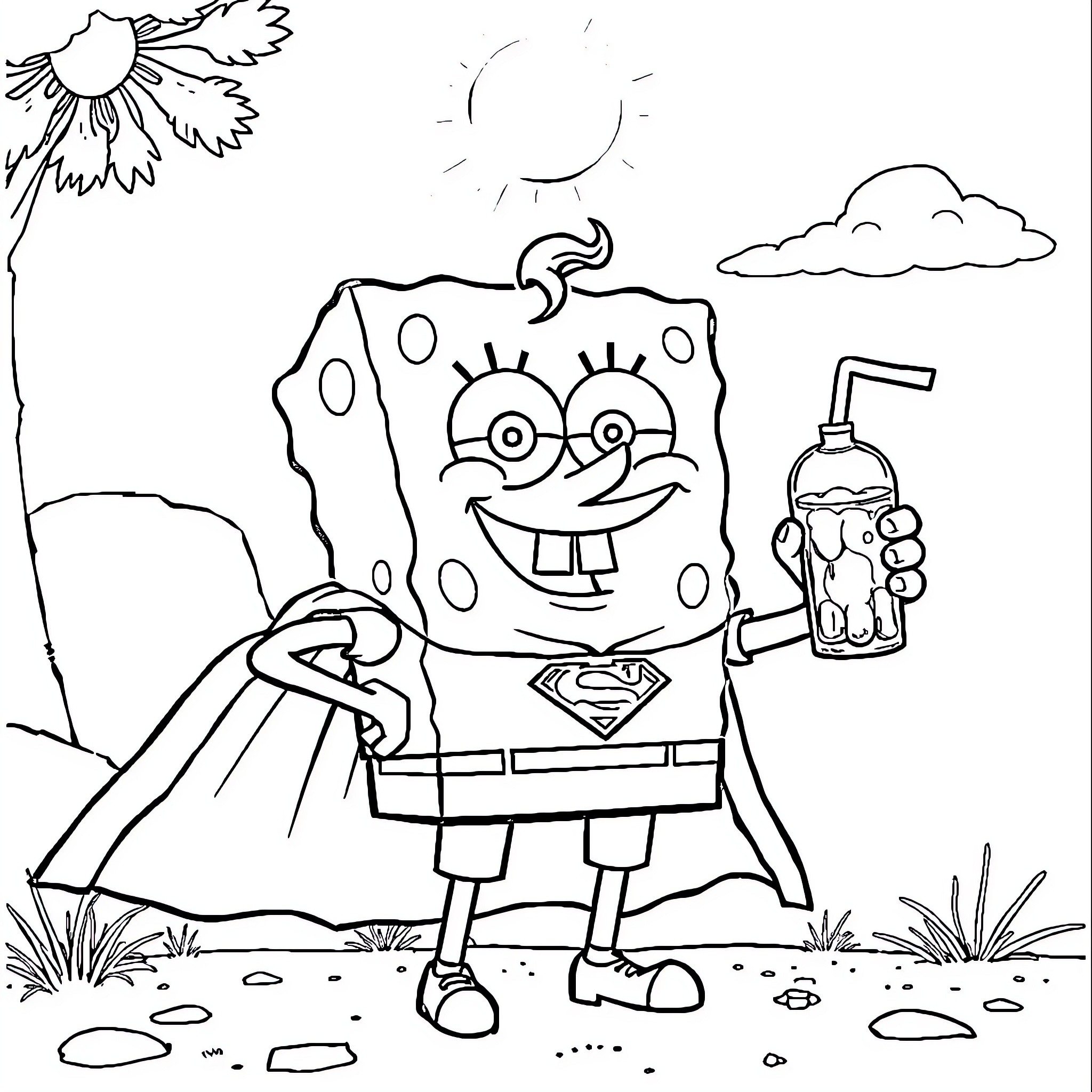 Spongebob enjoying summer with a refreshing drink Coloring Page (free black-and-white line drawing printable PDF for all, from beginners to advanced learners, including children, teens, adults, and seniors)