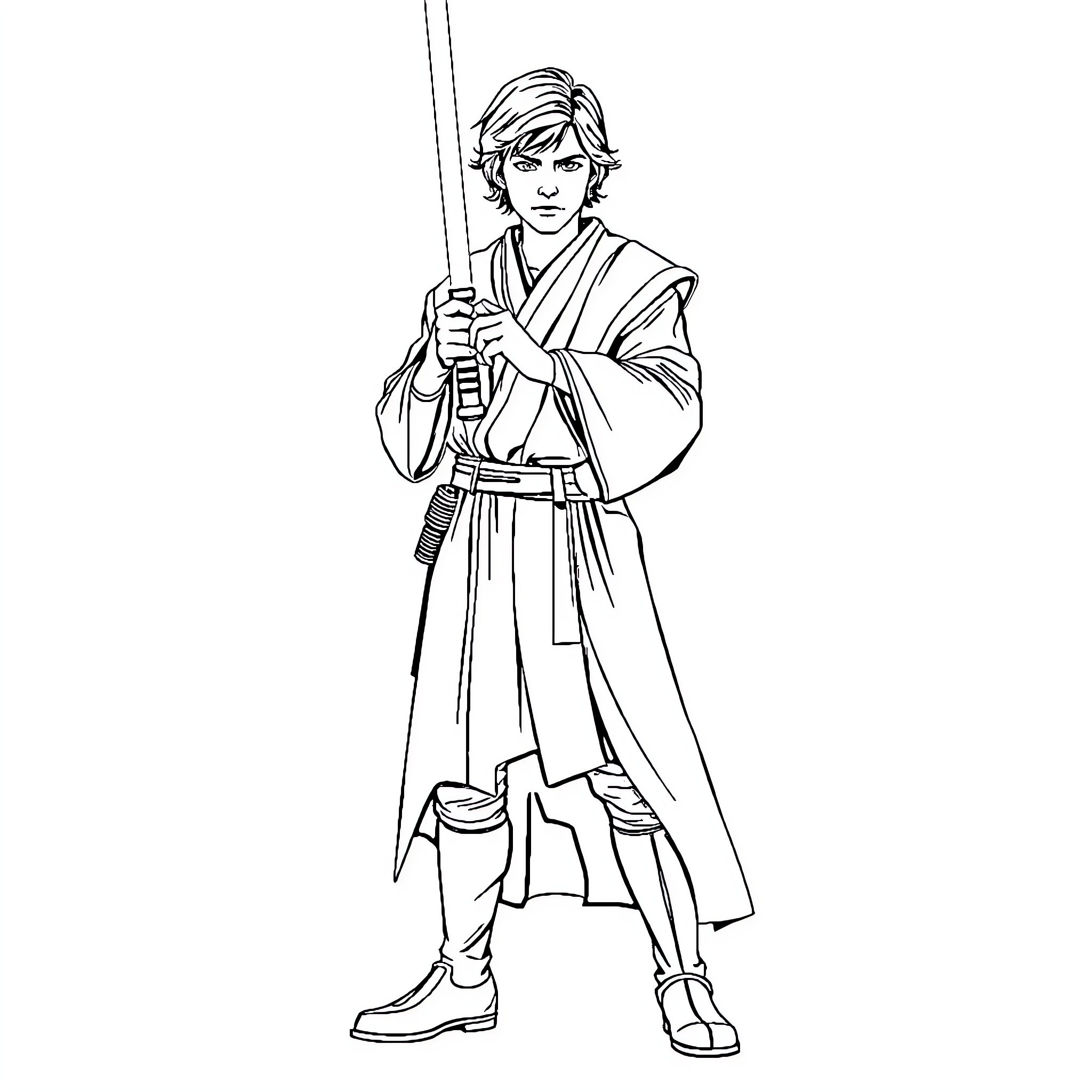 Luke Skywalker wielding lightsaber in Jedi robes Coloring Page (free black-and-white line drawing printable PDF for all, from beginners to advanced learners, including children, teens, adults, and seniors)