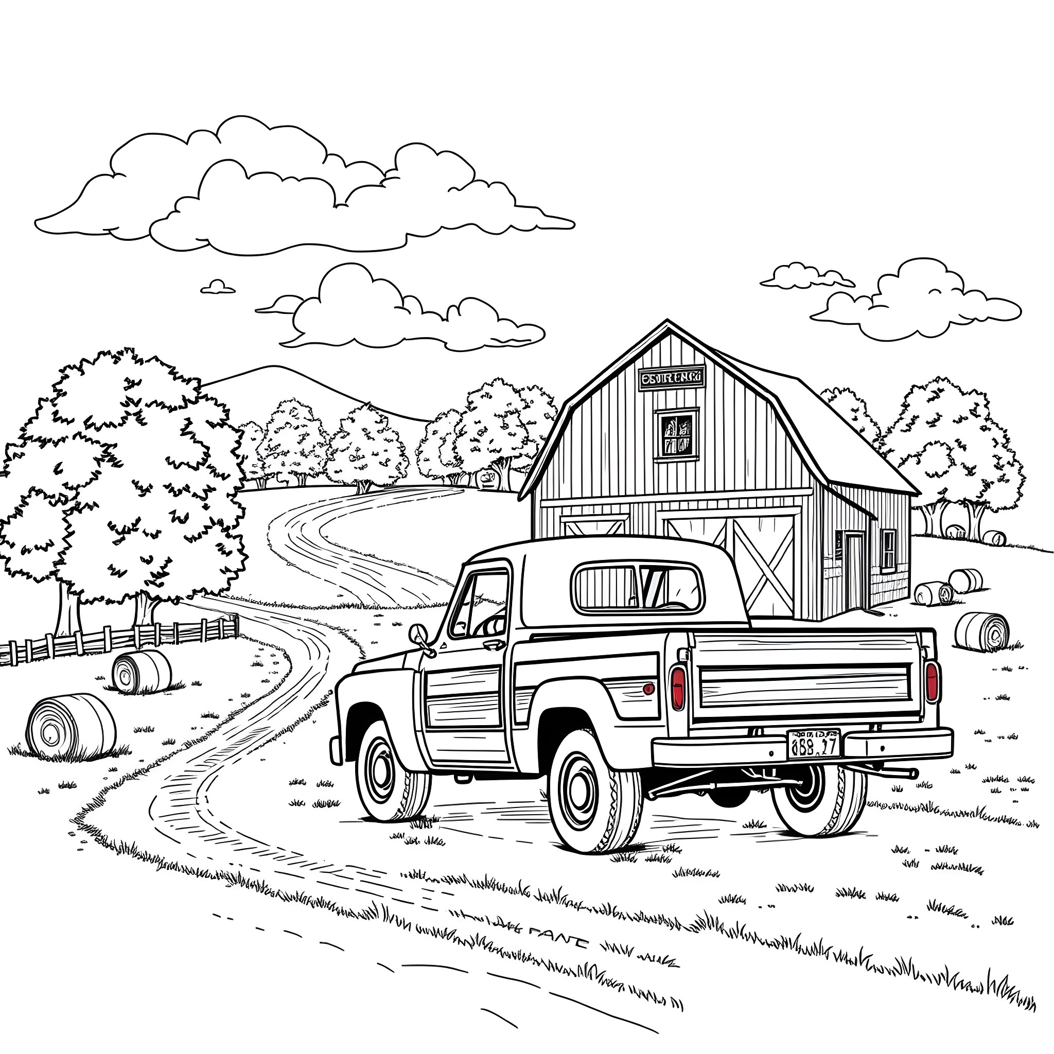 Truck Parked Near Rustic Barn in Countryside Scene Coloring Page (free black-and-white line drawing printable PDF for all, from beginners to advanced learners, including children, teens, adults, and seniors)