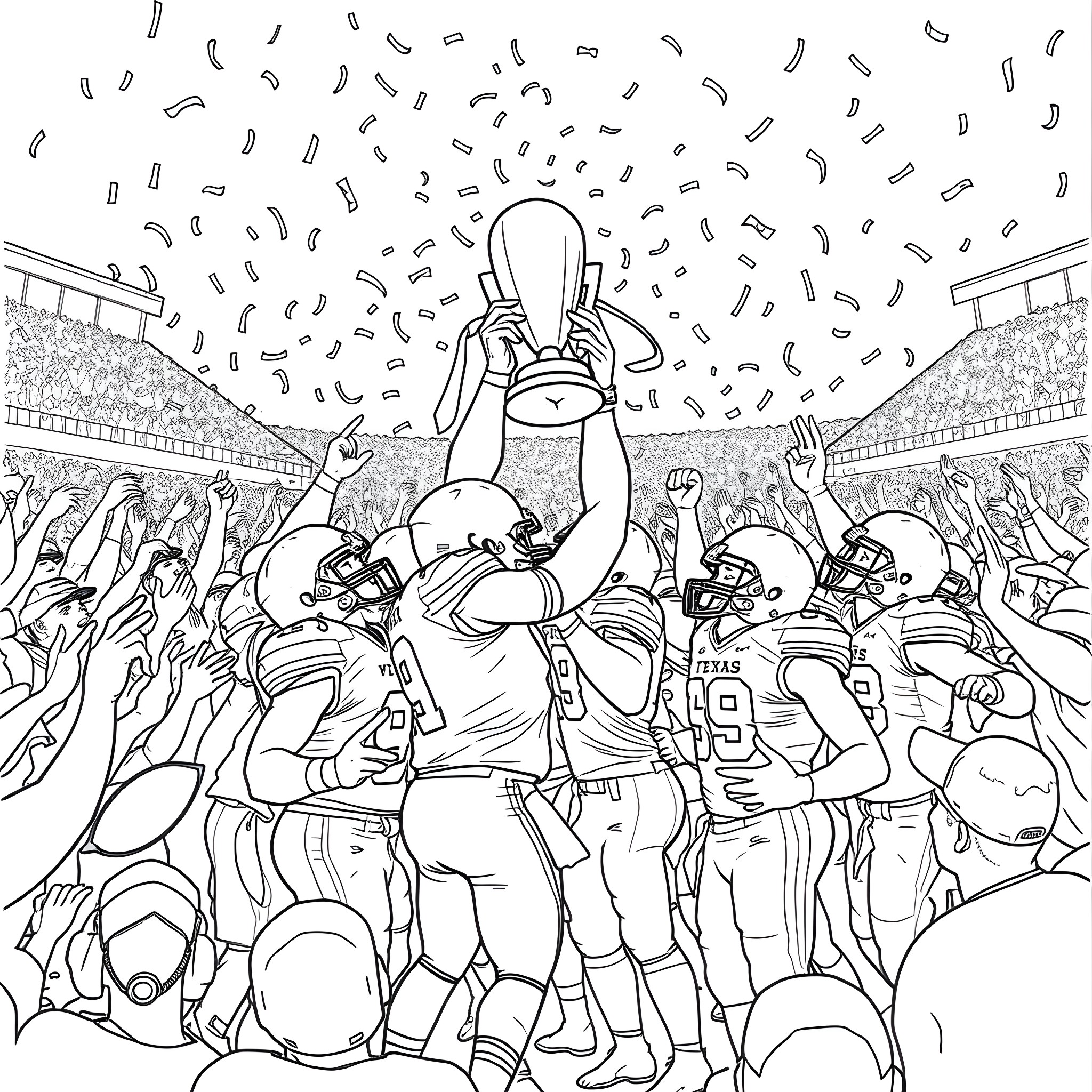 Football players celebrating victory with fans in stadium Coloring Page (free black-and-white line drawing printable PDF for all, from beginners to advanced learners, including children, teens, adults, and seniors)