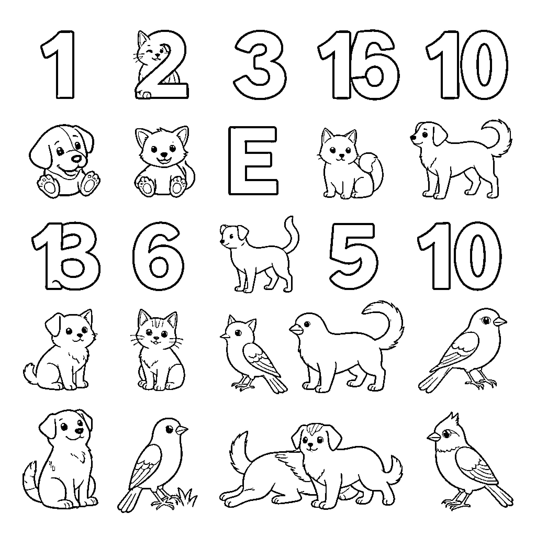 Number Counting Animals Coloring Page Coloring Page (free black-and-white line drawing printable PDF for all, from beginners to advanced learners, including children, teens, adults, and seniors)