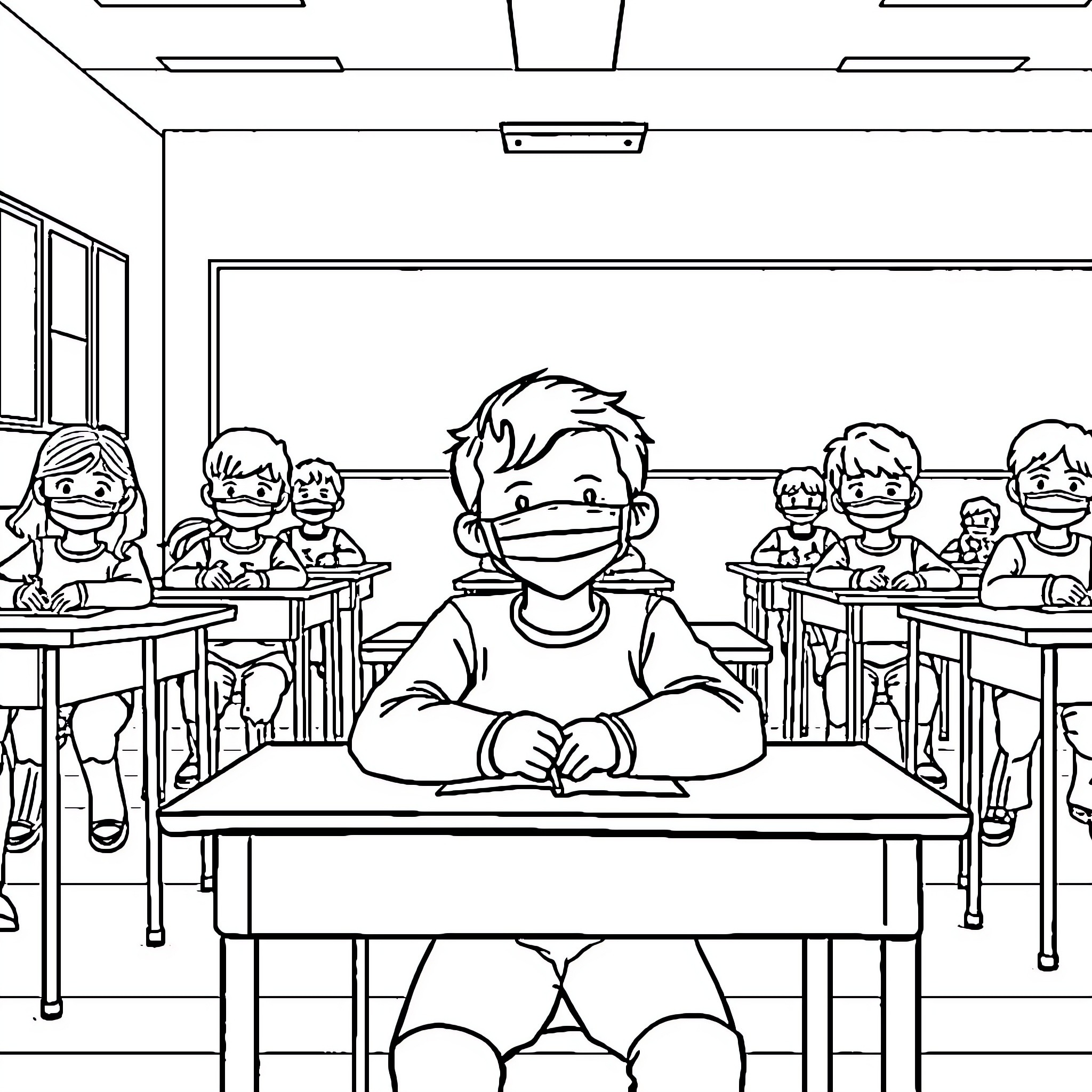 Child learning in a classroom setting Coloring Page (free black-and-white line drawing printable PDF for all, from beginners to advanced learners, including children, teens, adults, and seniors)