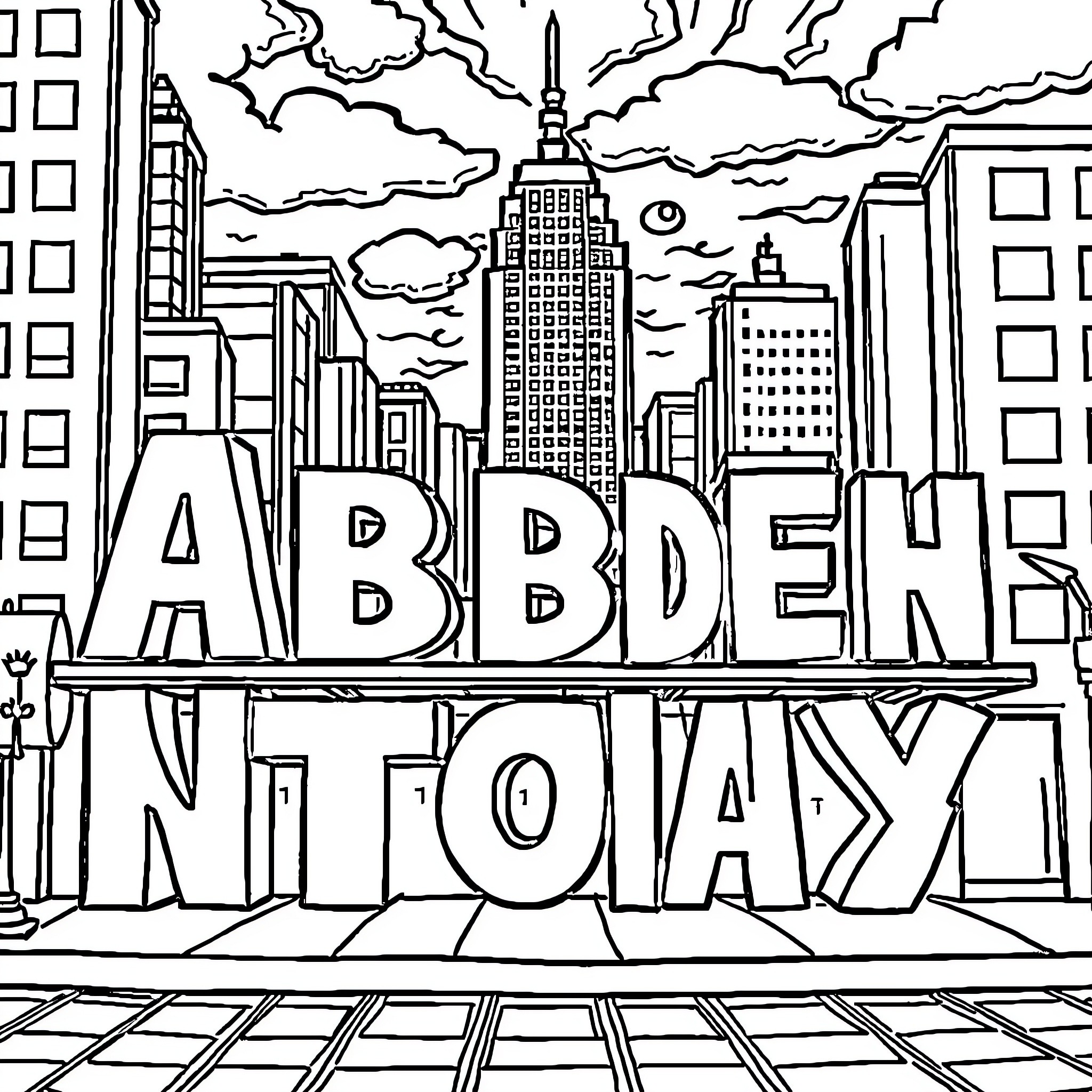Alphabet Buildings and City in Stormy Cityscape Coloring Page (free black-and-white line drawing printable PDF for all, from beginners to advanced learners, including children, teens, adults, and seniors)