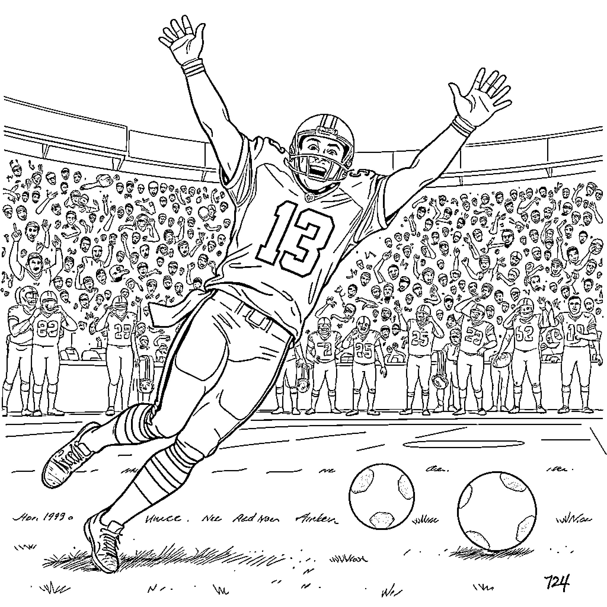 Brandon Aubrey celebrates touchdown on football field Coloring Page (free black-and-white line drawing printable PDF for all, from beginners to advanced learners, including children, teens, adults, and seniors)