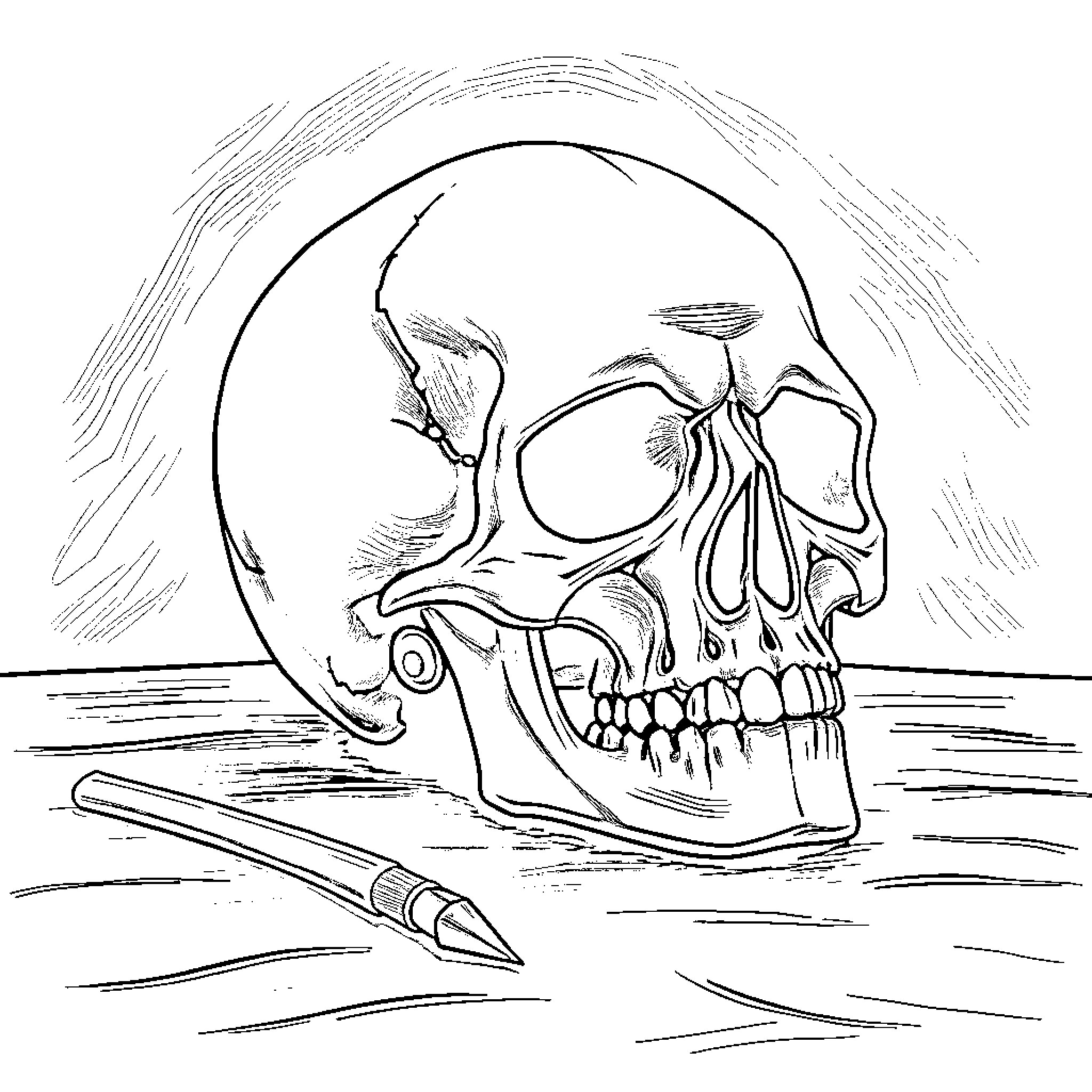 Skull with Pen and Lines Coloring Page (free black-and-white line drawing printable PDF for all, from beginners to advanced learners, including children, teens, adults, and seniors)