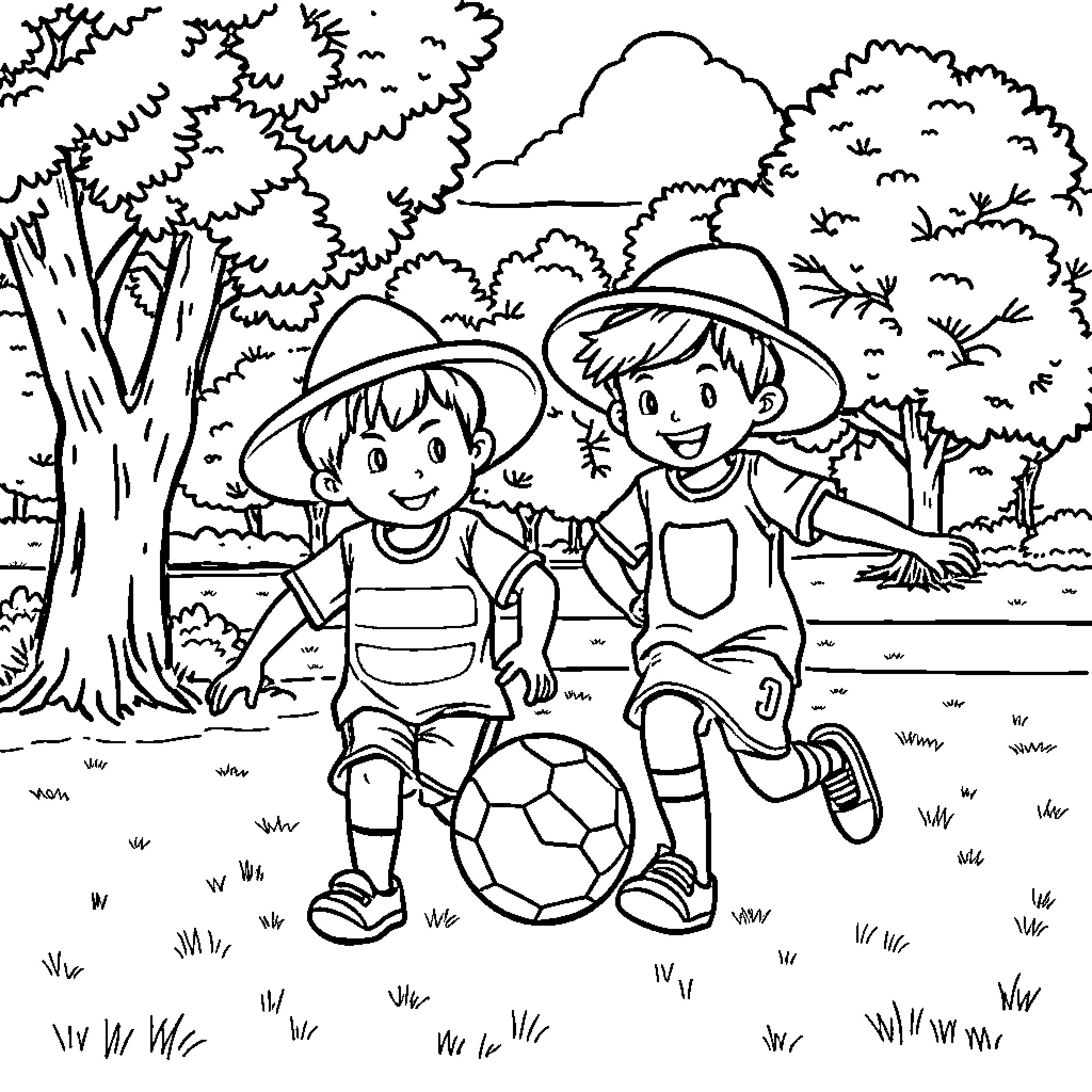 Kid friends playing soccer outdoors Coloring Page (free black-and-white line drawing printable PDF for all, from beginners to advanced learners, including children, teens, adults, and seniors)