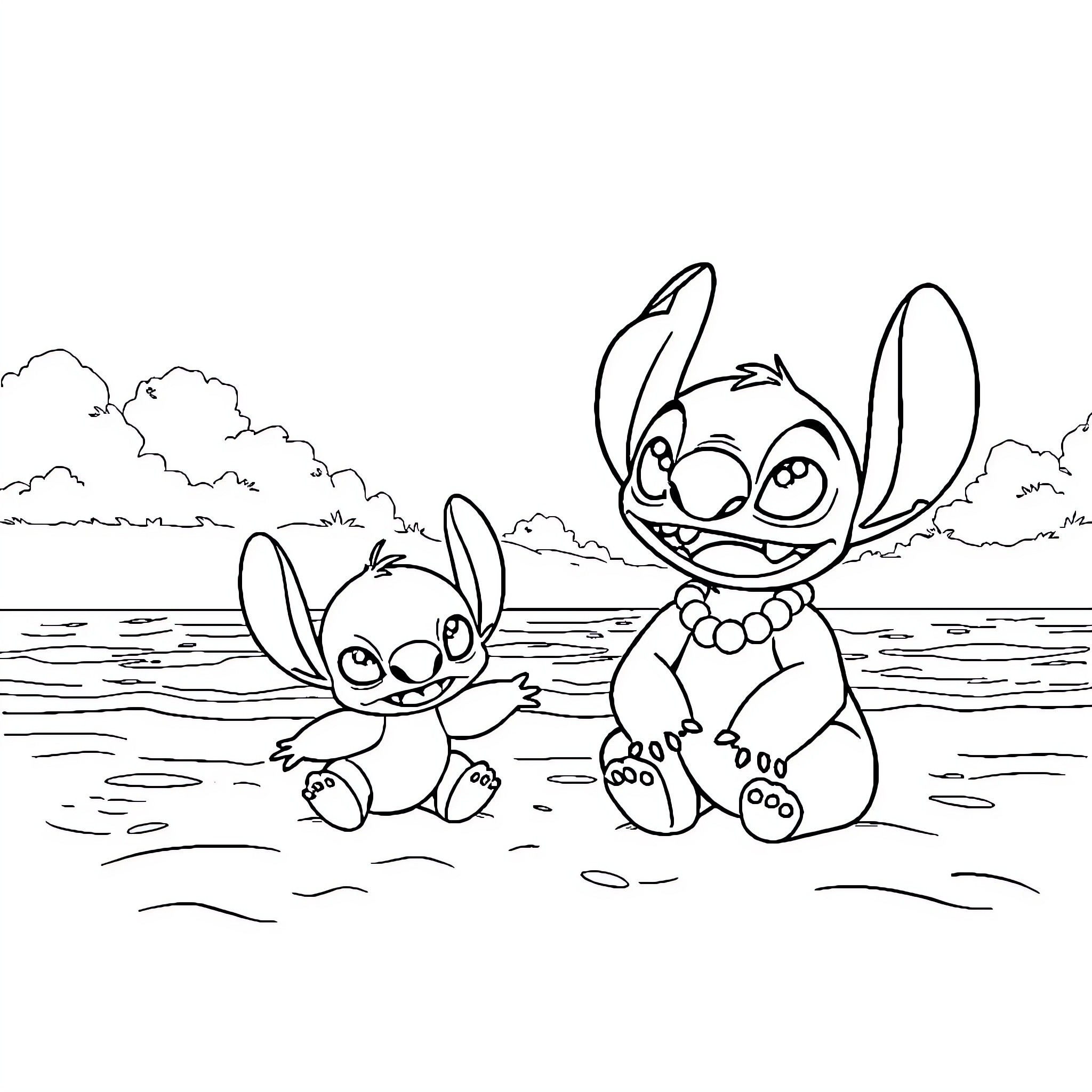 Lilo And Stitch playing happily on the beach Coloring Page (free black-and-white line drawing printable PDF for all, from beginners to advanced learners, including children, teens, adults, and seniors)