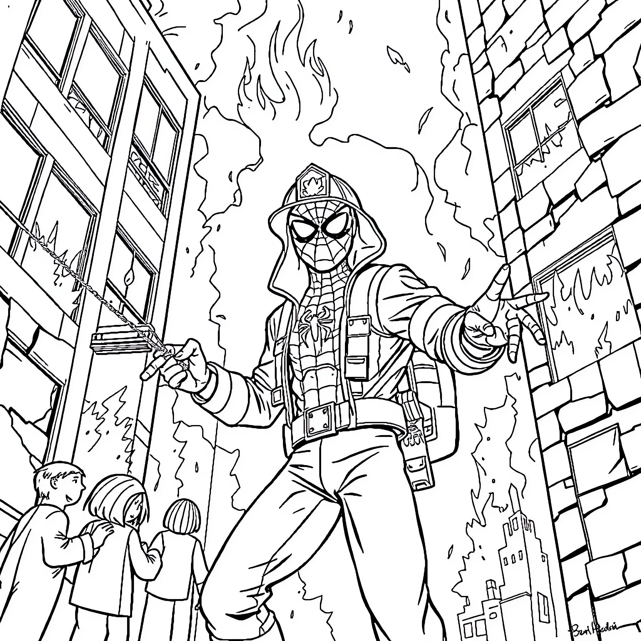 Spiderman battling villains in the city Coloring Page (free black-and-white line drawing printable PDF for all, from beginners to advanced learners, including children, teens, adults, and seniors)
