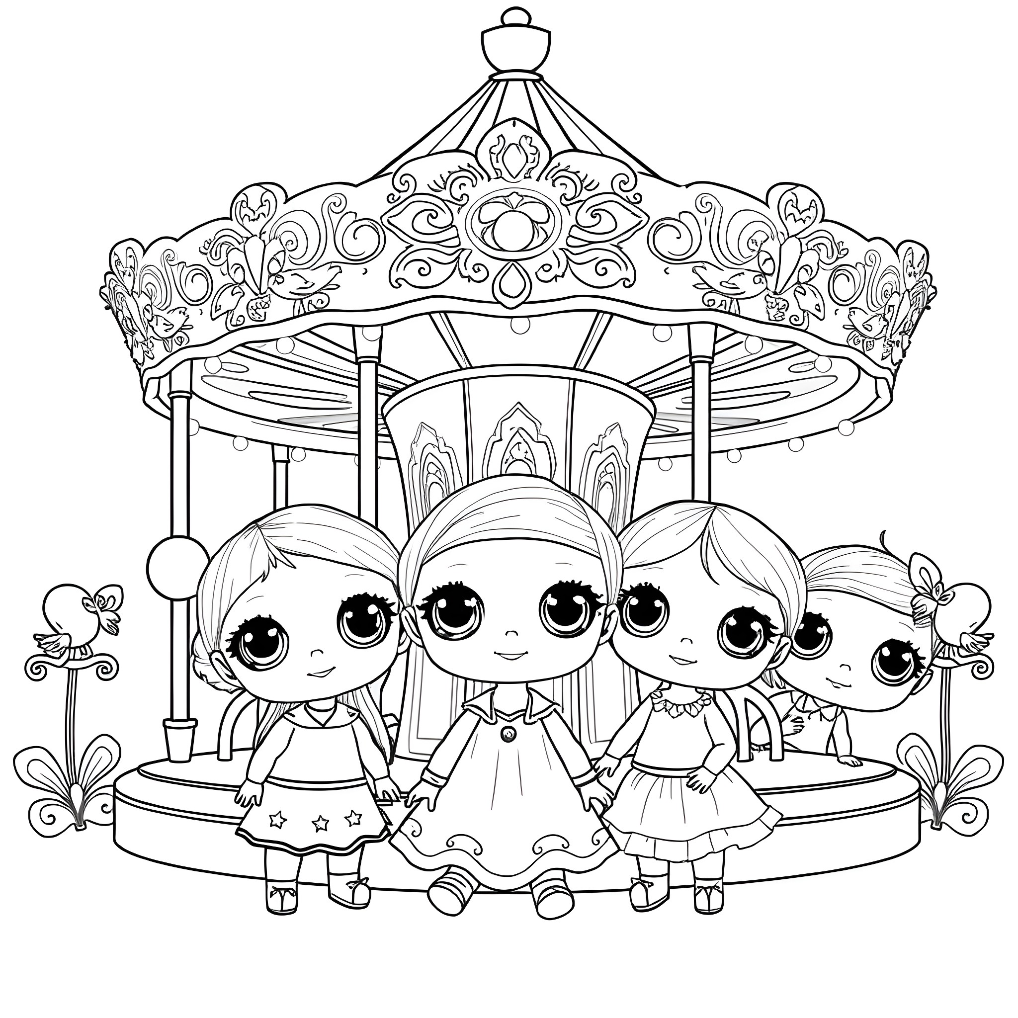 Doll friends enjoying a carousel ride Coloring Page (free black-and-white line drawing printable PDF for all, from beginners to advanced learners, including children, teens, adults, and seniors)