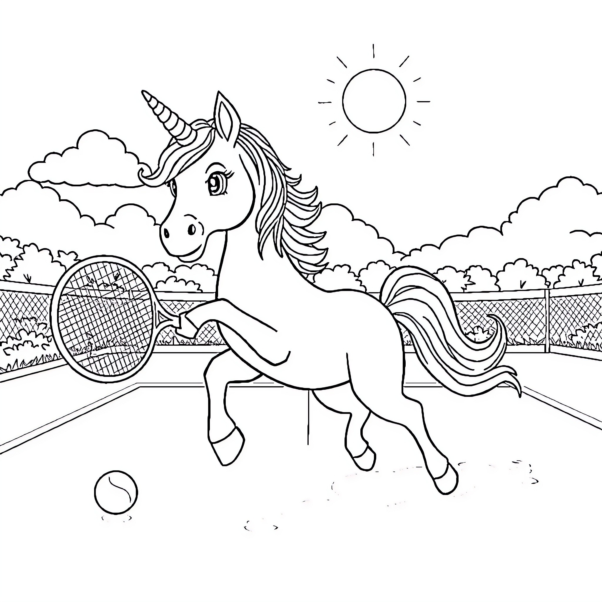 Unicorn playing tennis in the park Coloring Page (free black-and-white line drawing printable PDF for all, from beginners to advanced learners, including children, teens, adults, and seniors)