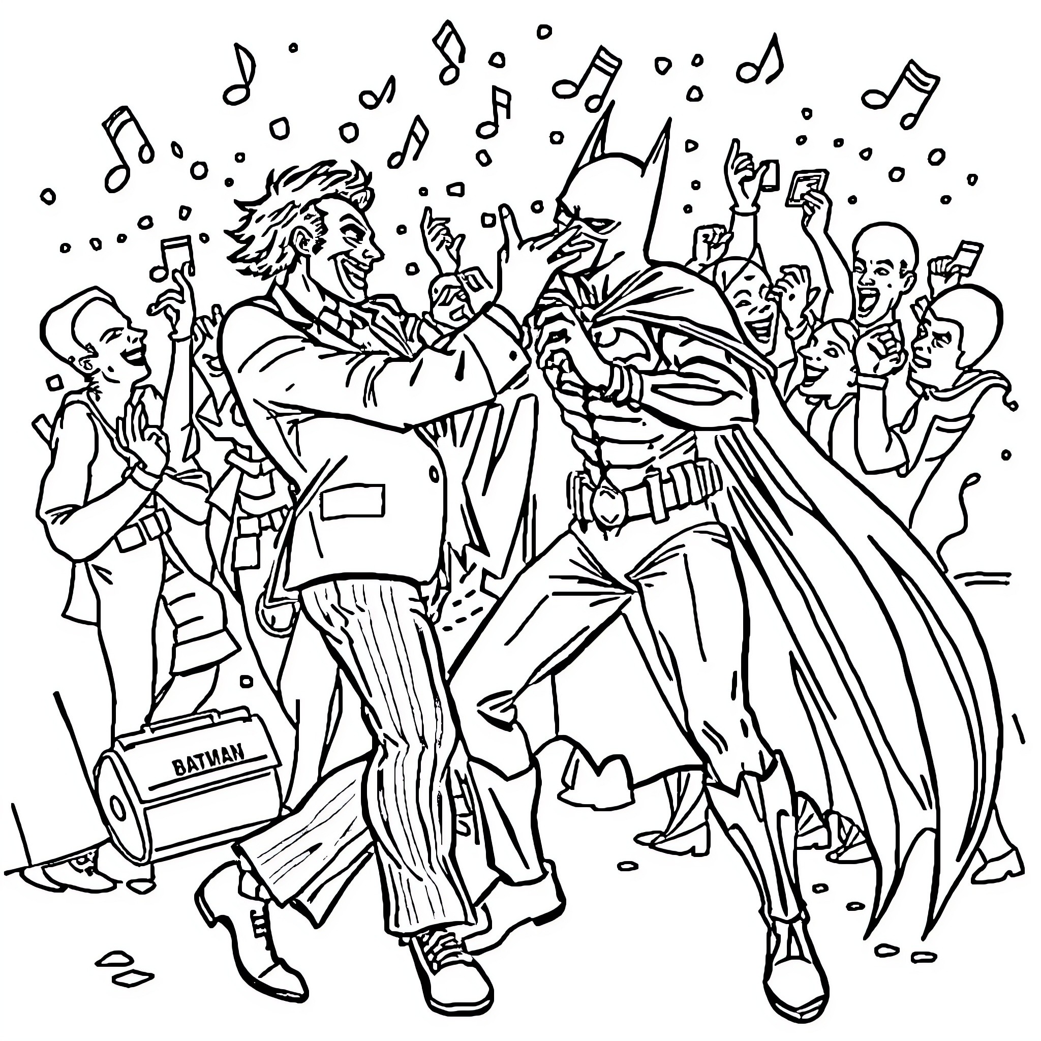 Joker confronting Batman in a lively scene Coloring Page (free black-and-white line drawing printable PDF for all, from beginners to advanced learners, including children, teens, adults, and seniors)