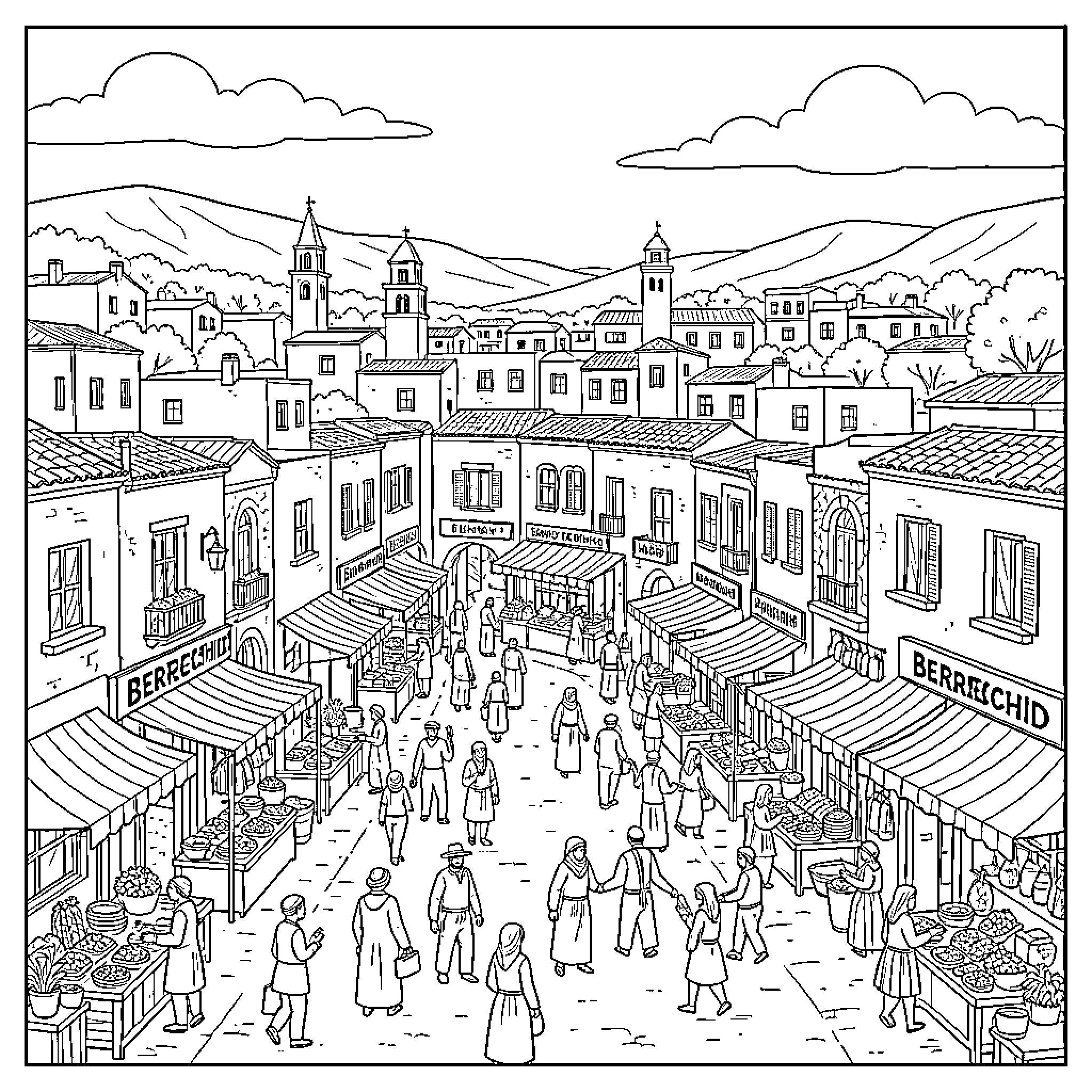 Berrechid bustling market scene with people walking through streets Coloring Page (free black-and-white line drawing printable PDF for all, from beginners to advanced learners, including children, teens, adults, and seniors)