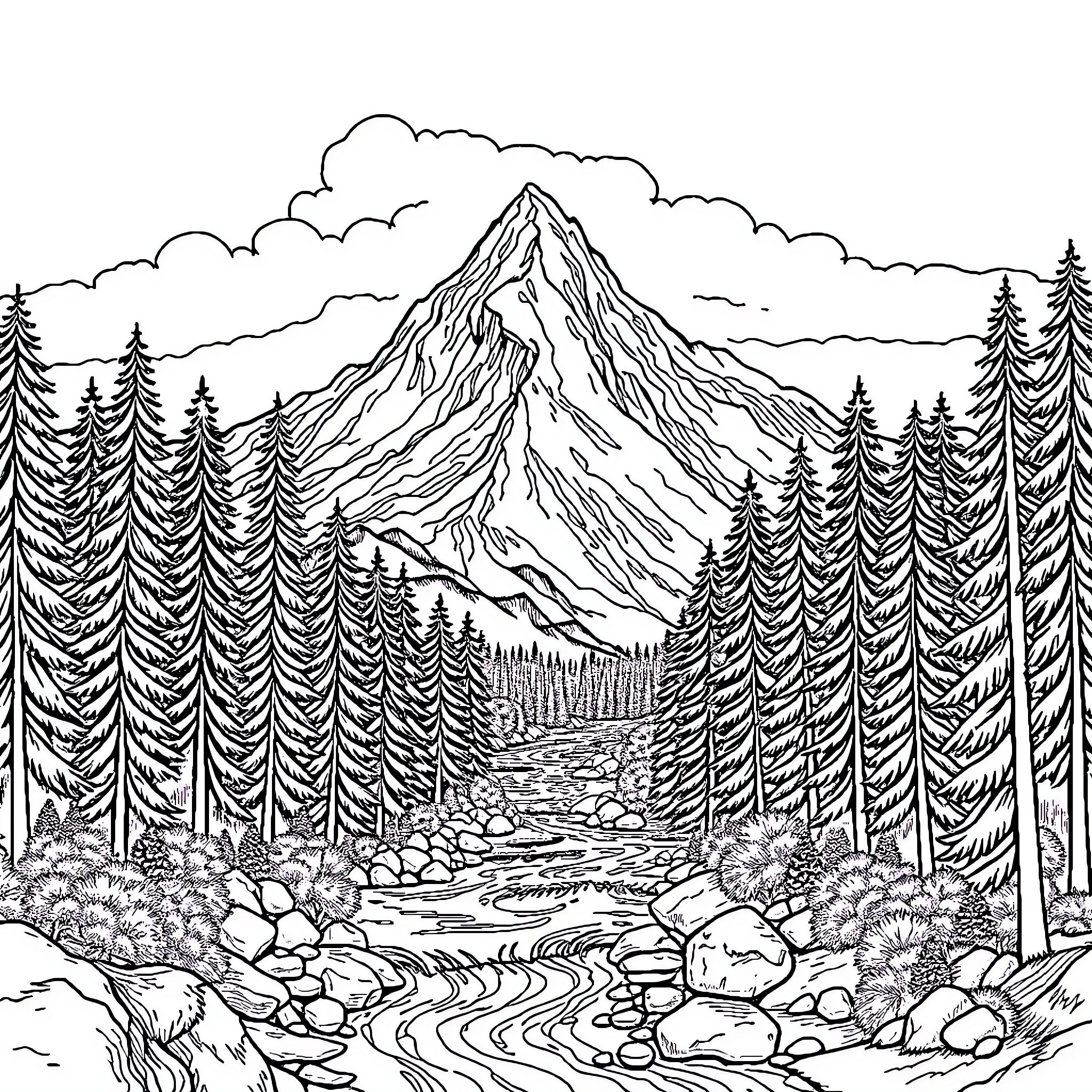 Mountains with a Majestic Peak and Winding Trail Coloring Page (free black-and-white line drawing printable PDF for all, from beginners to advanced learners, including children, teens, adults, and seniors)