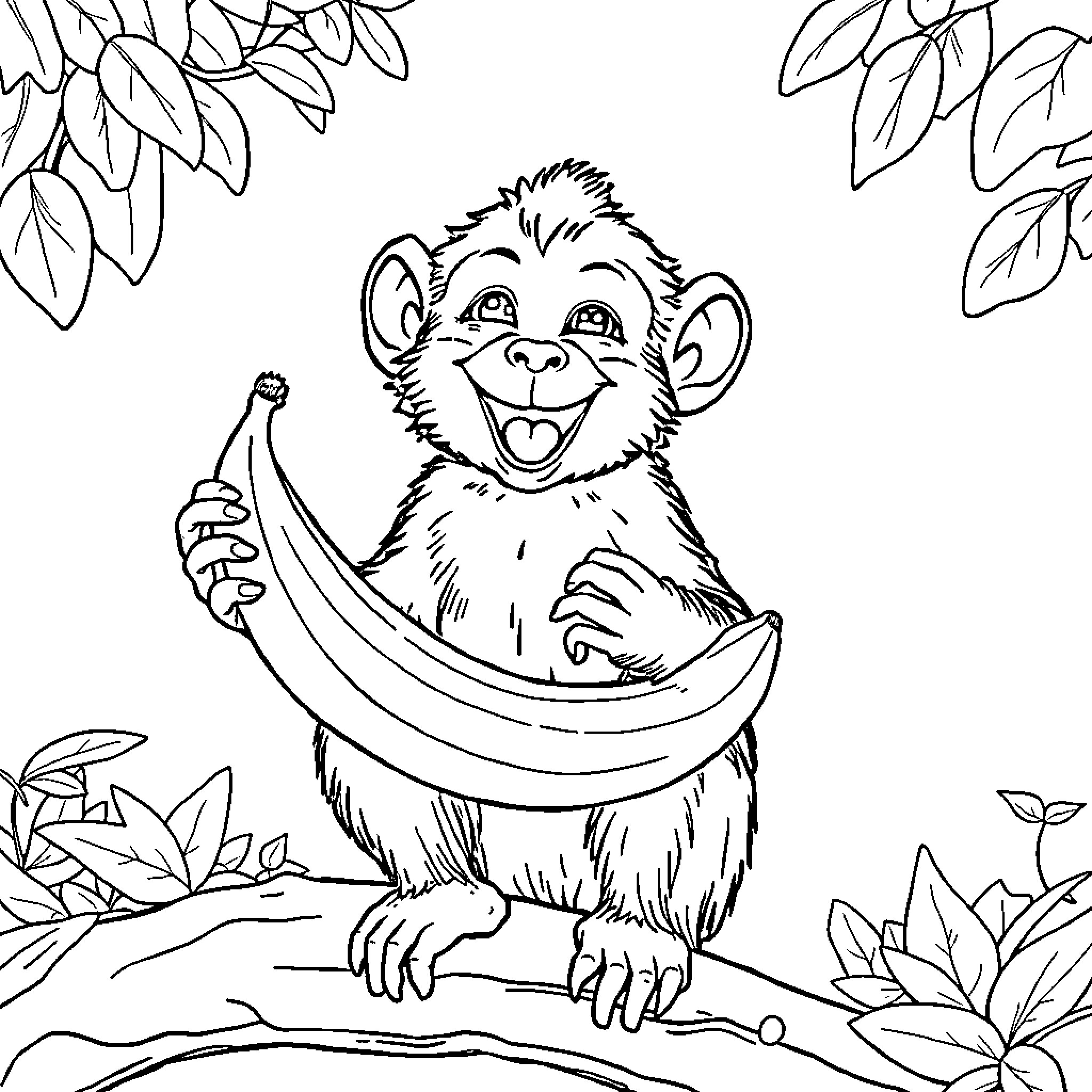 Monkey enjoying a banana in the jungle Coloring Page (free black-and-white line drawing printable PDF for all, from beginners to advanced learners, including children, teens, adults, and seniors)
