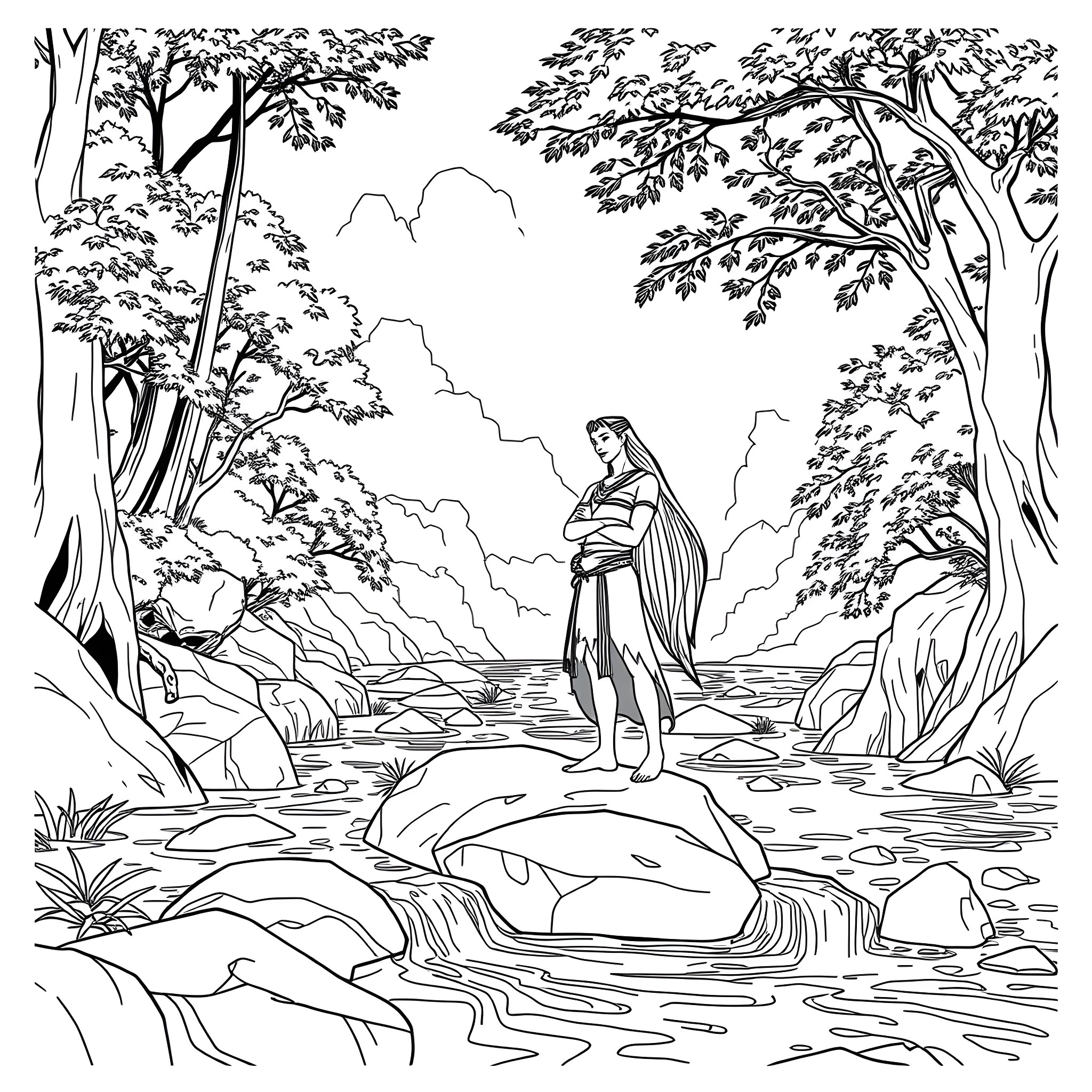 Pocahontas in a peaceful forest scene Coloring Page (free black-and-white line drawing printable PDF for all, from beginners to advanced learners, including children, teens, adults, and seniors)