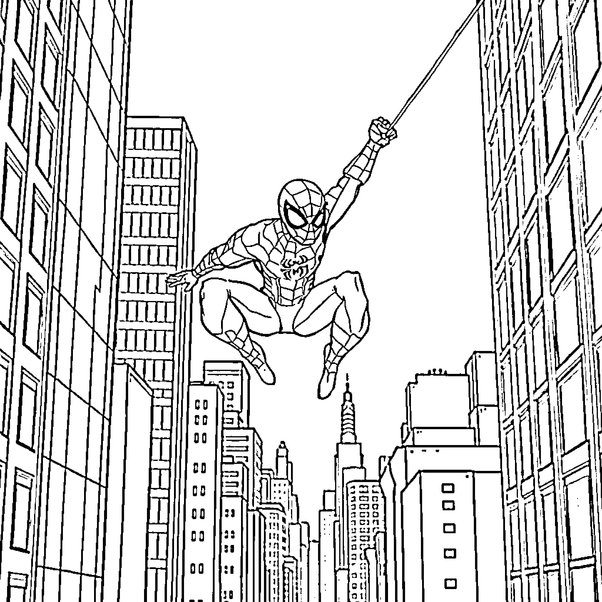 Spider-Man swinging through the city skyline Coloring Page (free black-and-white line drawing printable PDF for all, from beginners to advanced learners, including children, teens, adults, and seniors)