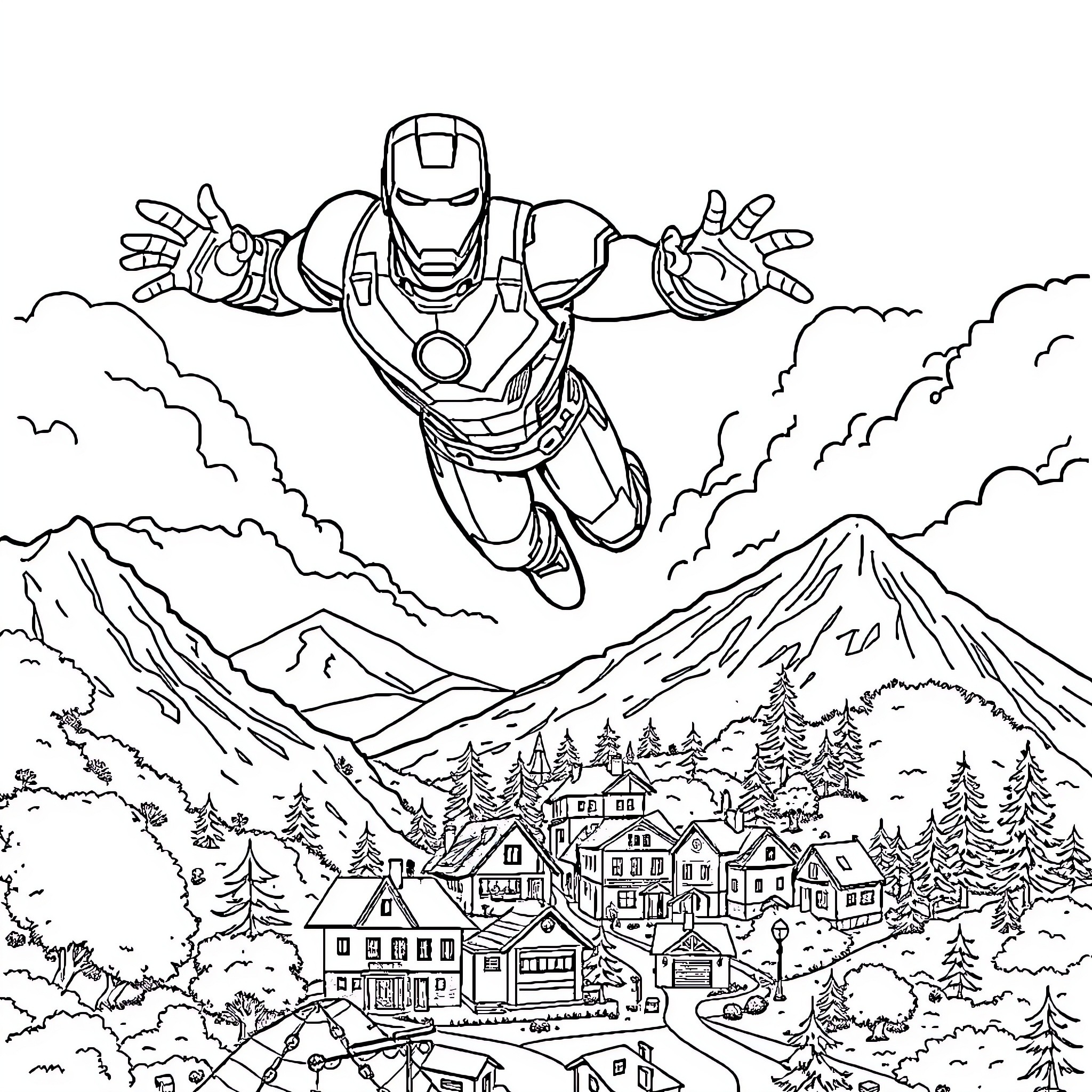 Ironman flying over a snowy mountain town Coloring Page (free black-and-white line drawing printable PDF for all, from beginners to advanced learners, including children, teens, adults, and seniors)