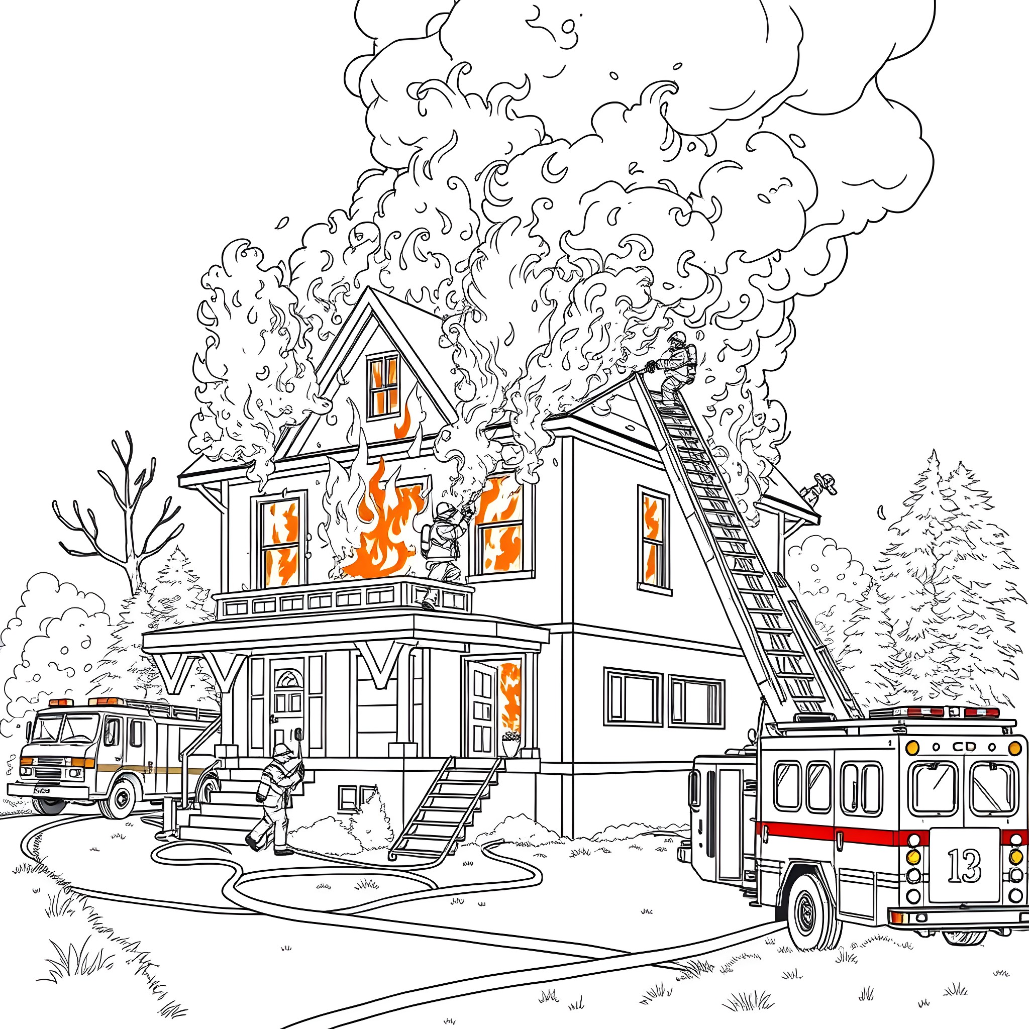 Firefighter battling blaze in a burning house Coloring Page (free black-and-white line drawing printable PDF for all, from beginners to advanced learners, including children, teens, adults, and seniors)
