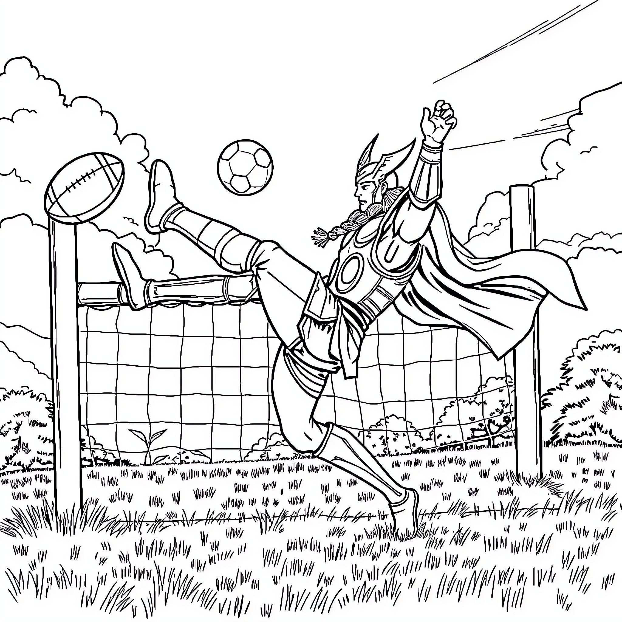Thor Engaging in Heroic Sports Activities Coloring Page (free black-and-white line drawing printable PDF for all, from beginners to advanced learners, including children, teens, adults, and seniors)