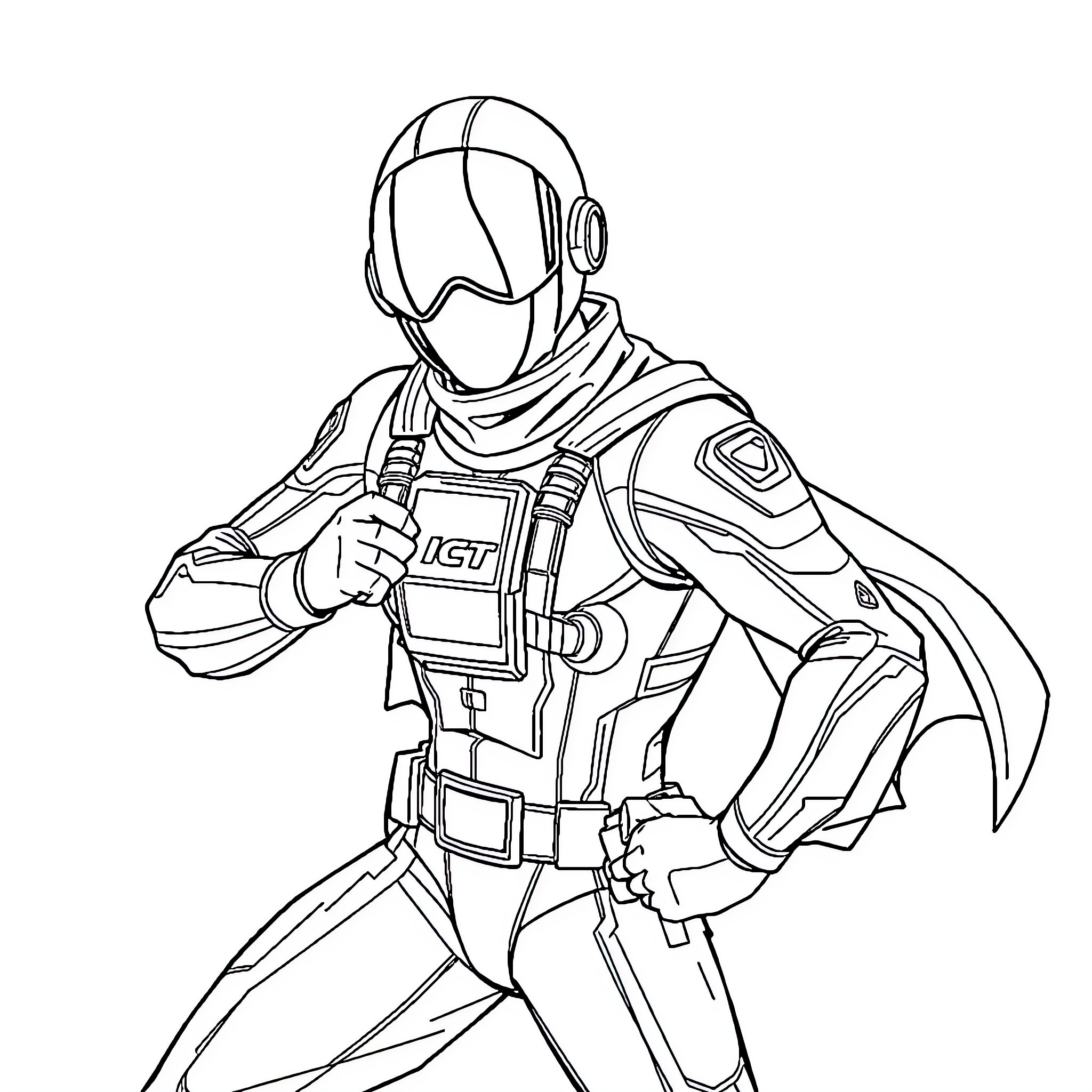 ICT Superhero in Heroic Pose with Futuristic Gear Coloring Page (free black-and-white line drawing printable PDF for all, from beginners to advanced learners, including children, teens, adults, and seniors)