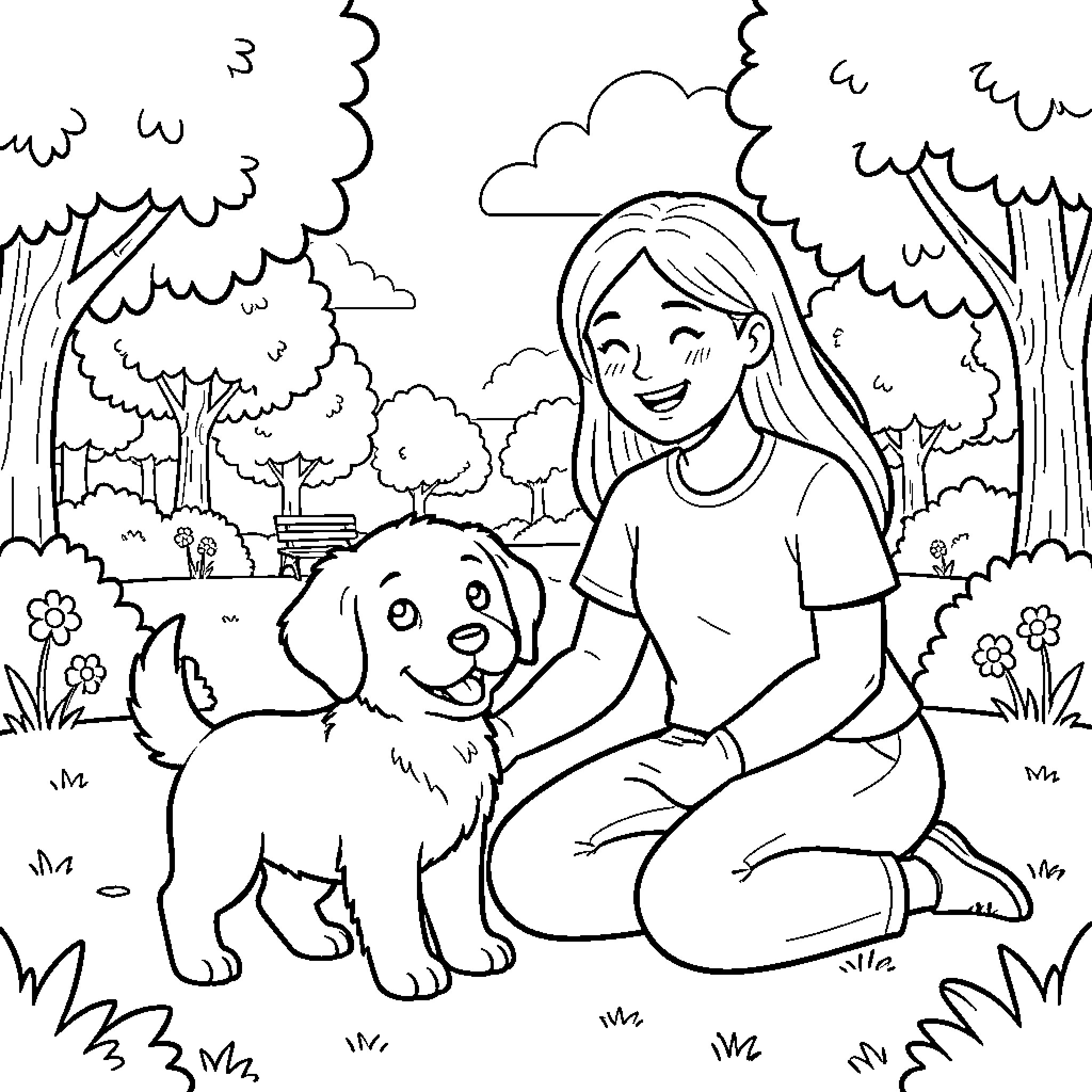 Puppy playing happily with girl in the park Coloring Page (free black-and-white line drawing printable PDF for all, from beginners to advanced learners, including children, teens, adults, and seniors)