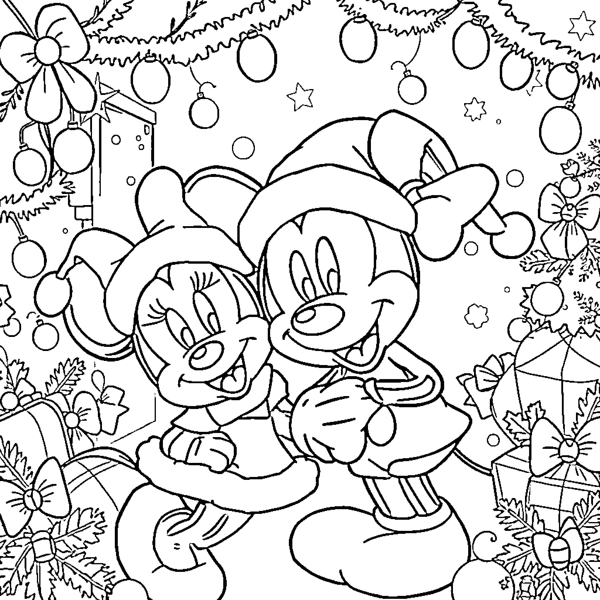 Disney Characters Celebrate Christmas Joyfully Coloring Page (free black-and-white line drawing printable PDF for all, from beginners to advanced learners, including children, teens, adults, and seniors)