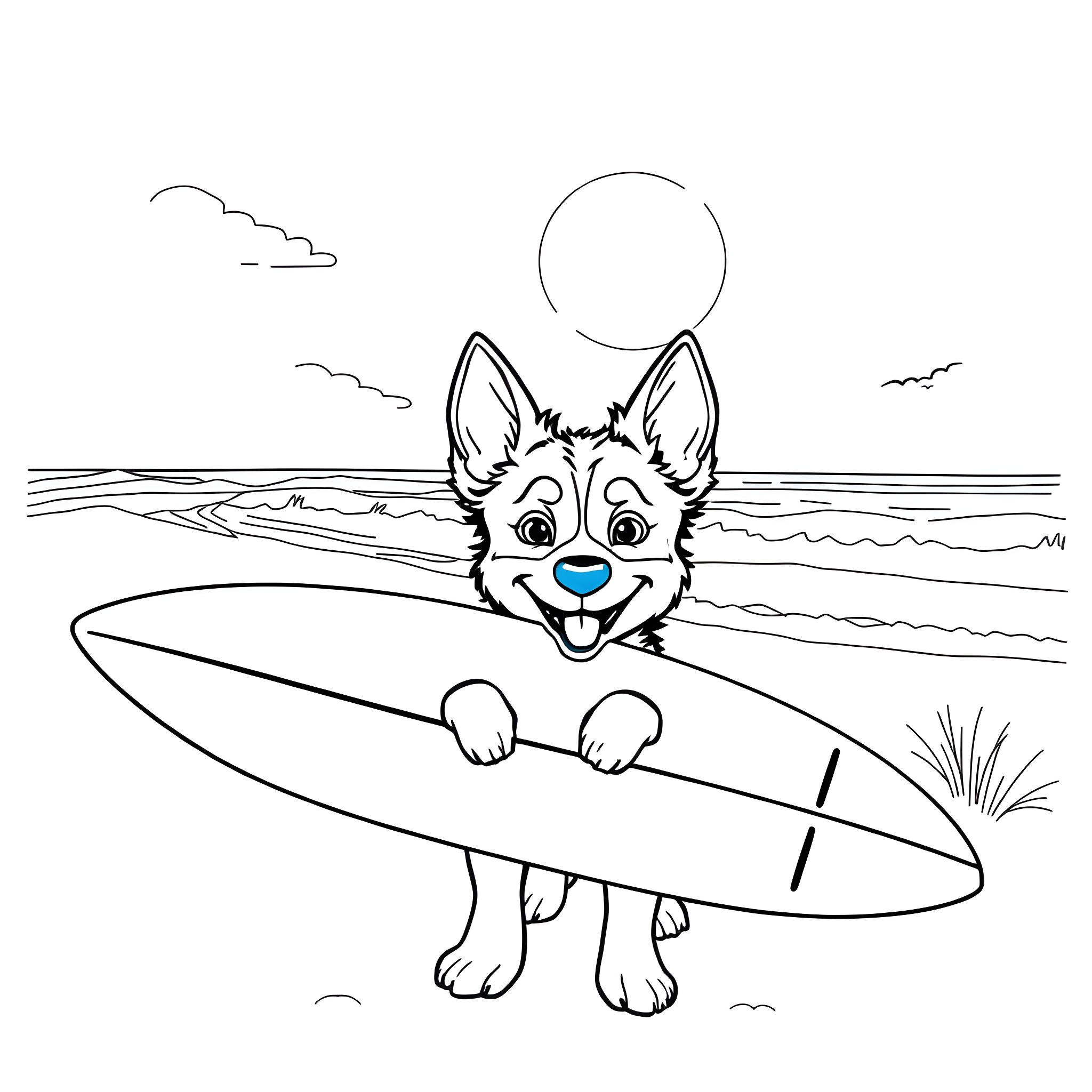 Bluey surfing on the beach Coloring Page (free black-and-white line drawing printable PDF for all, from beginners to advanced learners, including children, teens, adults, and seniors)