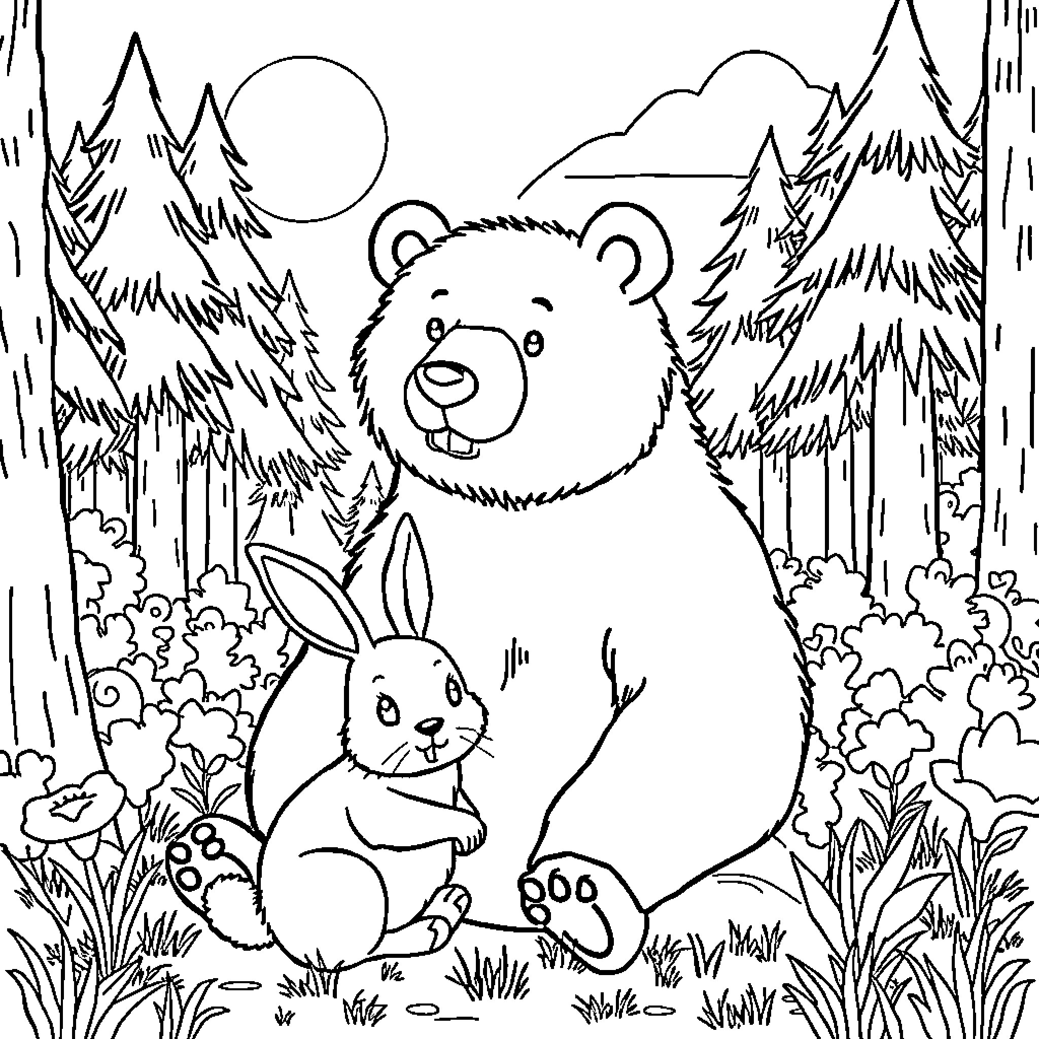 Bear and Rabbit in Serene Forest Landscape Coloring Page (free black-and-white line drawing printable PDF for all, from beginners to advanced learners, including children, teens, adults, and seniors)