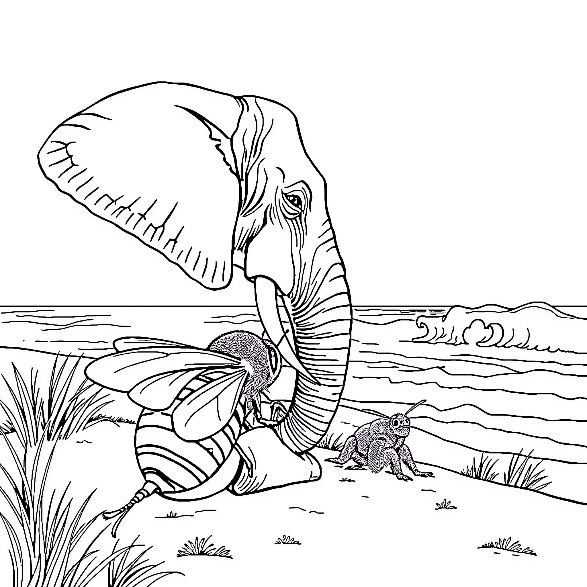 Bee creature emerging from water with frog Coloring Page (free black-and-white line drawing printable PDF for all, from beginners to advanced learners, including children, teens, adults, and seniors)
