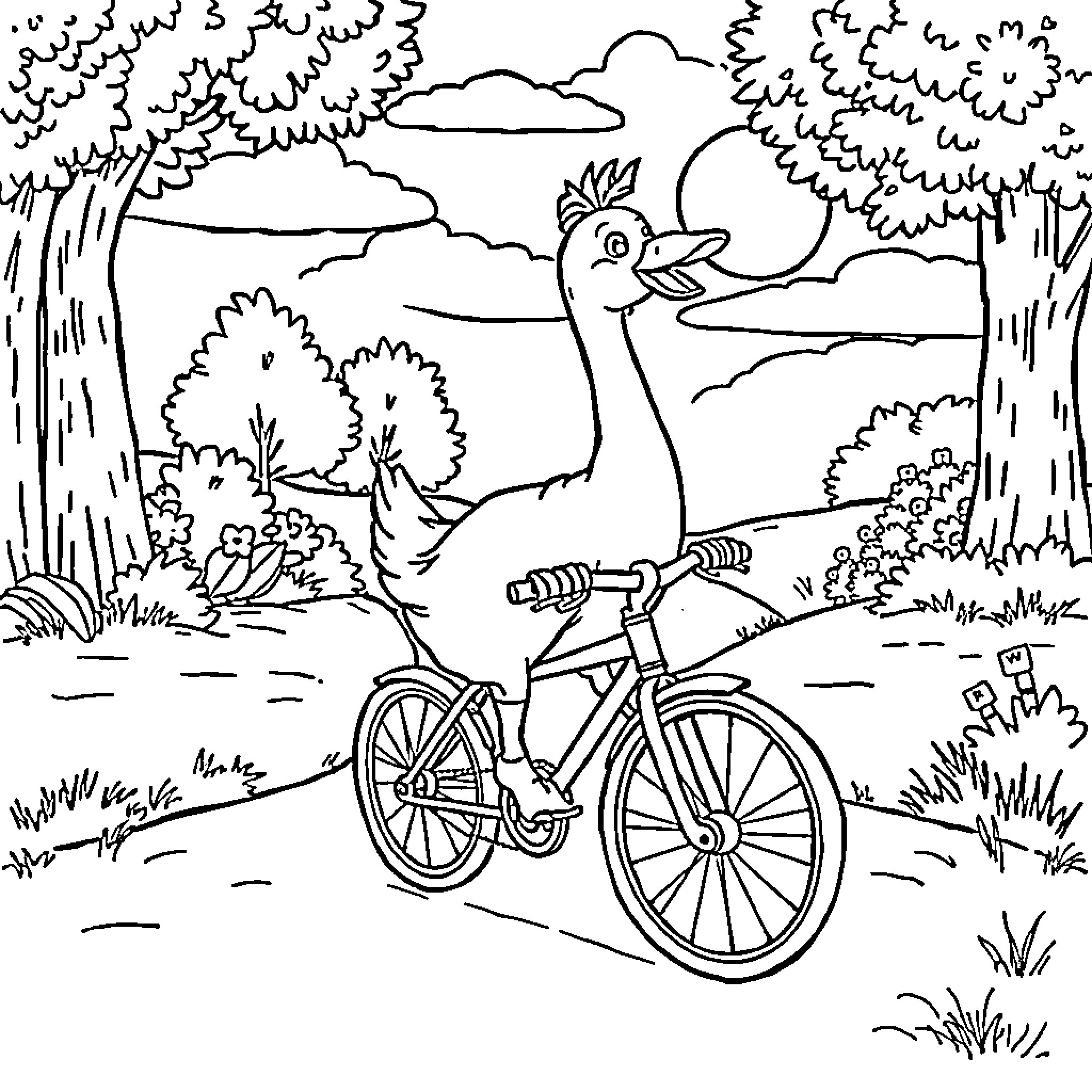 Goose riding a bicycle through the forest Coloring Page (free black-and-white line drawing printable PDF for all, from beginners to advanced learners, including children, teens, adults, and seniors)