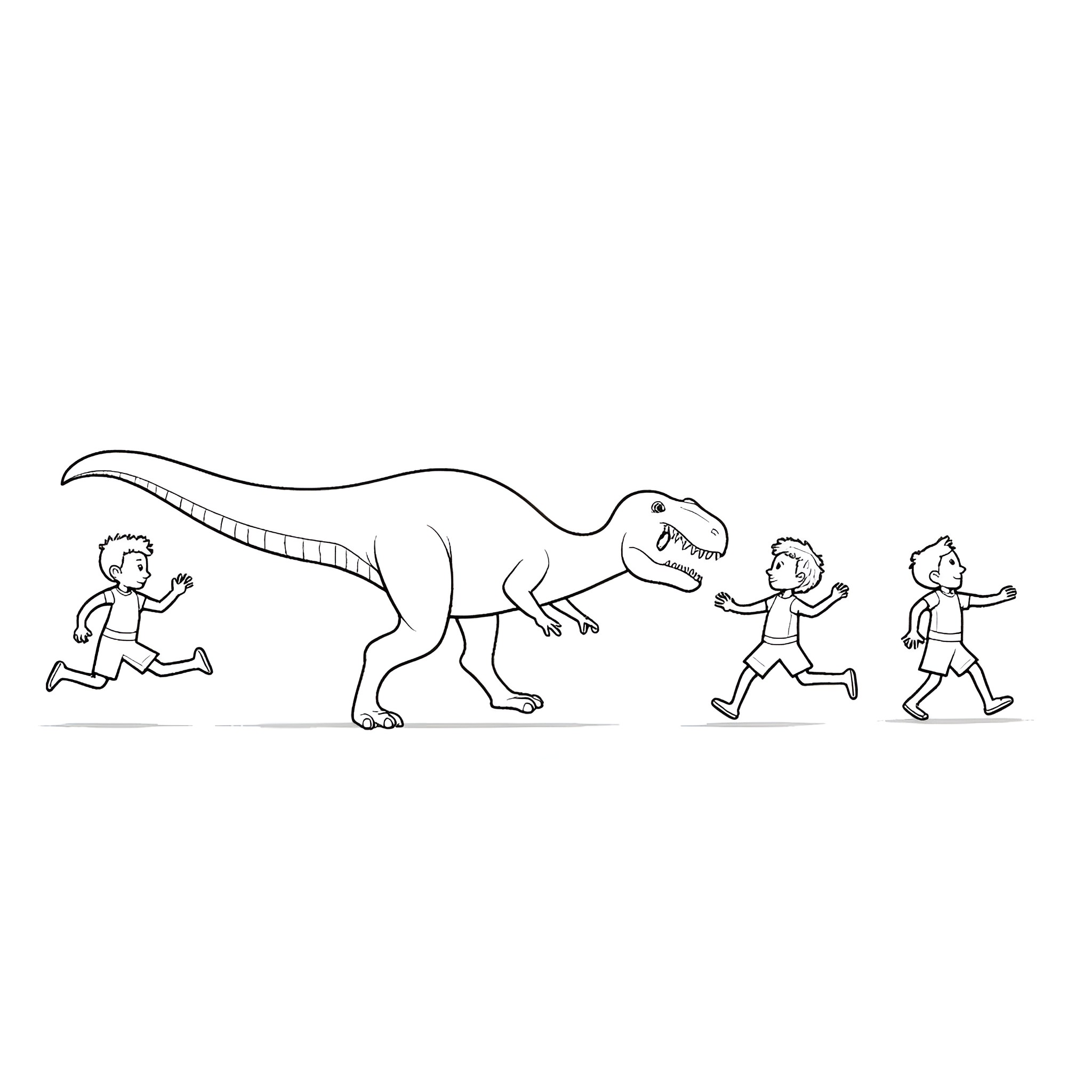 Dinosaur chasing playful children in the wild Coloring Page (free black-and-white line drawing printable PDF for all, from beginners to advanced learners, including children, teens, adults, and seniors)