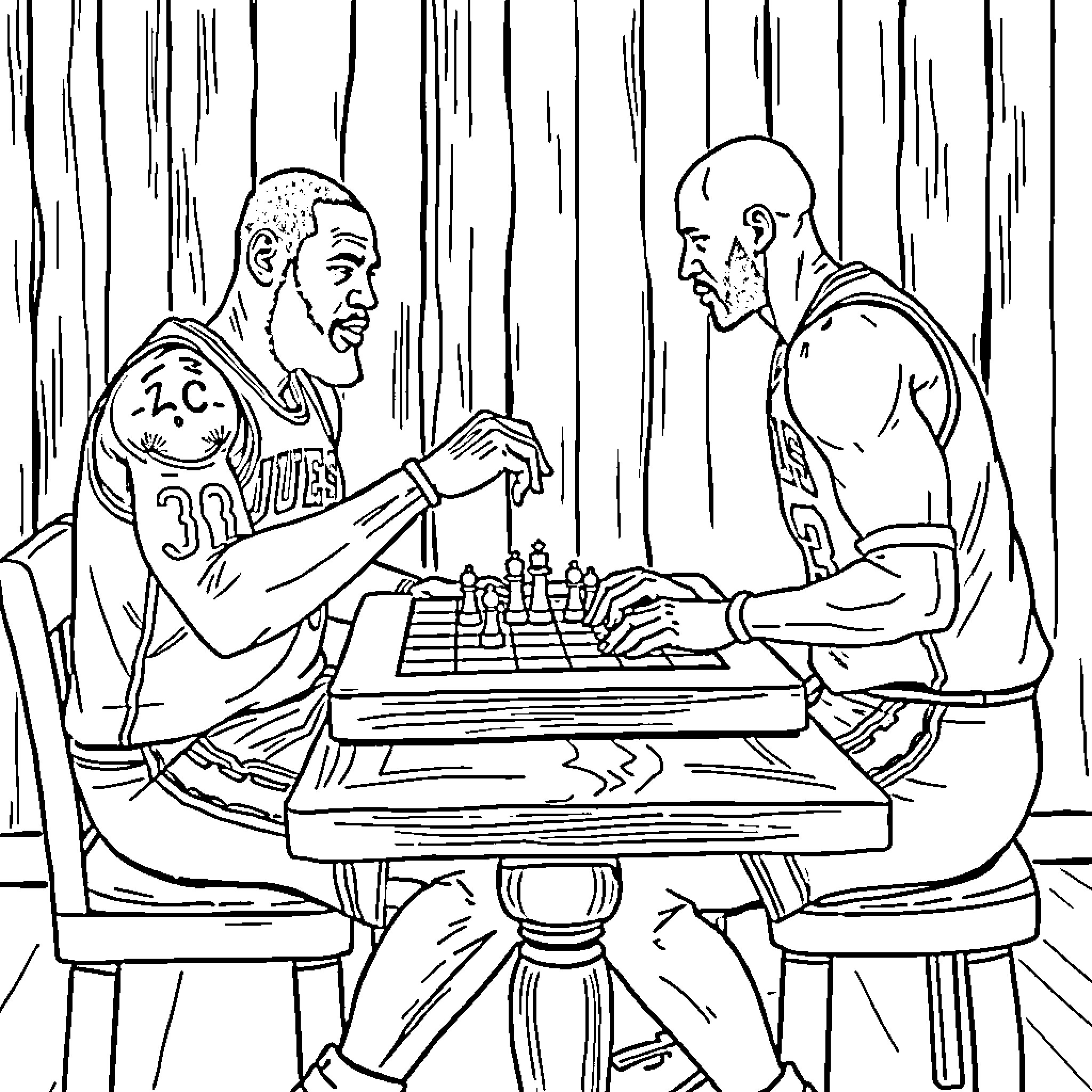 LeBron James engaged in a chess match with an opponent Coloring Page (free black-and-white line drawing printable PDF for all, from beginners to advanced learners, including children, teens, adults, and seniors)