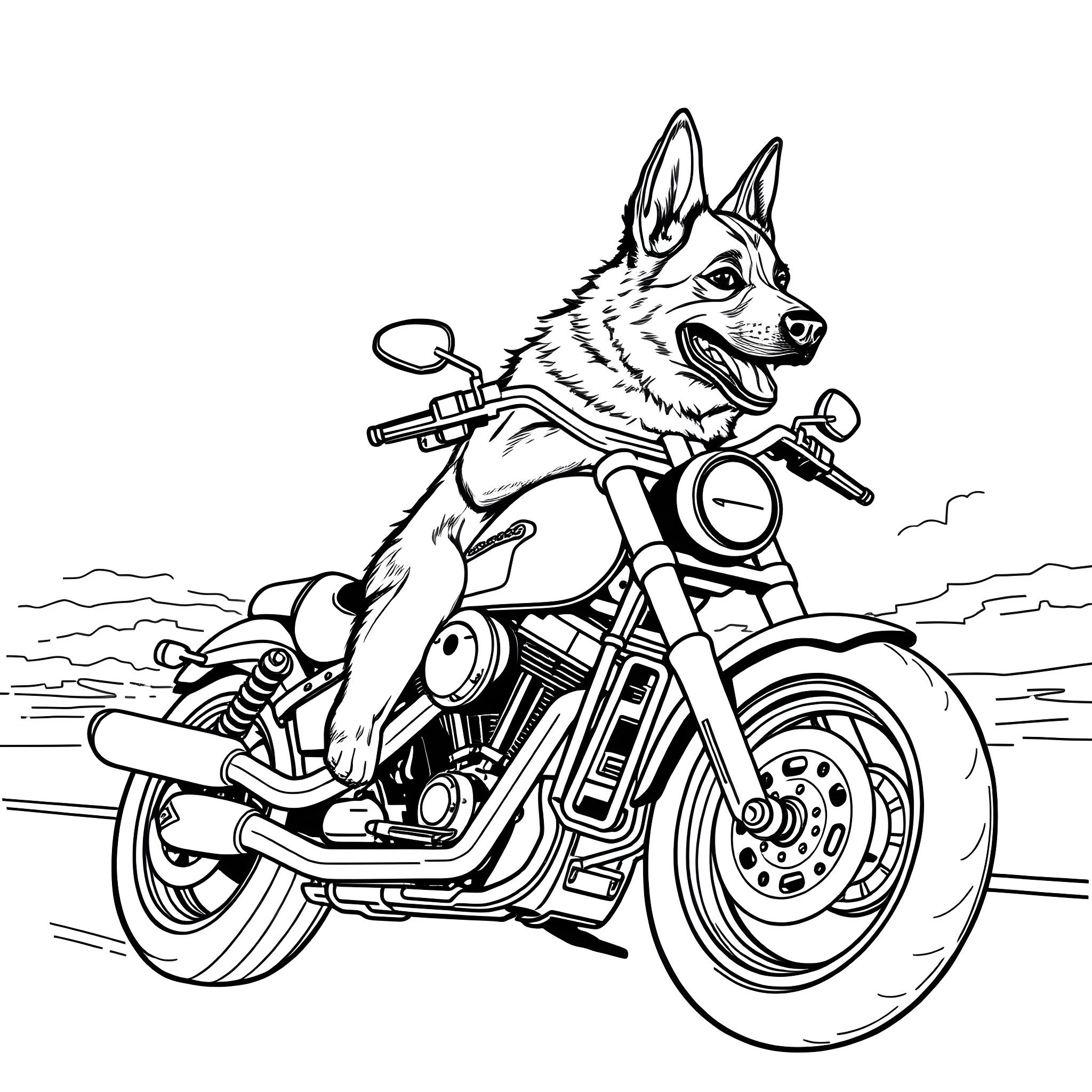 German Shepherd riding a motorcycle in the desert Coloring Page (free black-and-white line drawing printable PDF for all, from beginners to advanced learners, including children, teens, adults, and seniors)