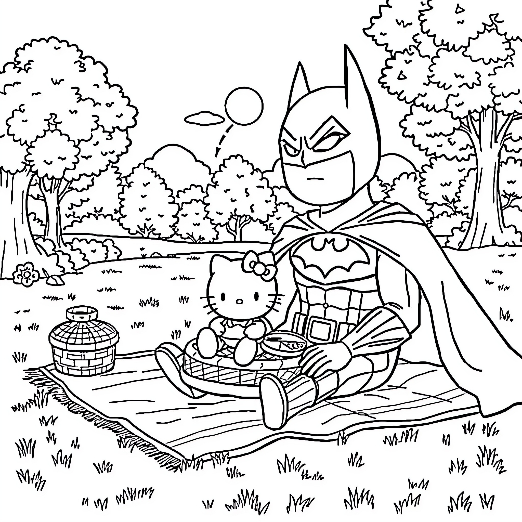 Batman Enjoys a Picnic with Cute Companion Coloring Page (free black-and-white line drawing printable PDF for all, from beginners to advanced learners, including children, teens, adults, and seniors)