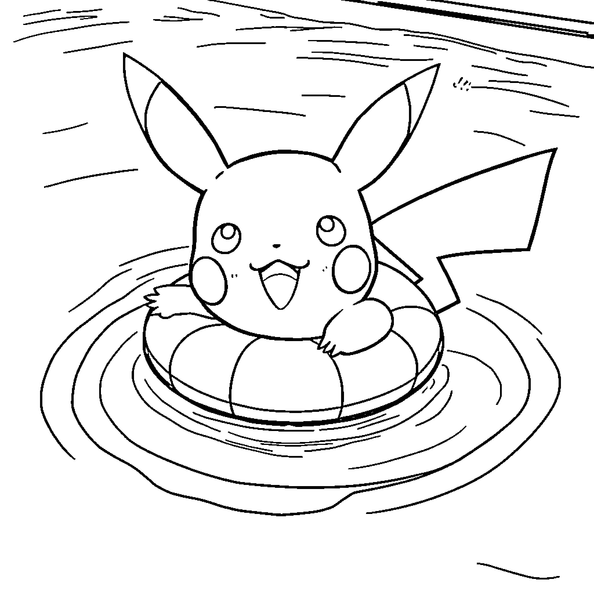 Pikachu relaxing in a floating inner tube Coloring Page (free black-and-white line drawing printable PDF for all, from beginners to advanced learners, including children, teens, adults, and seniors)