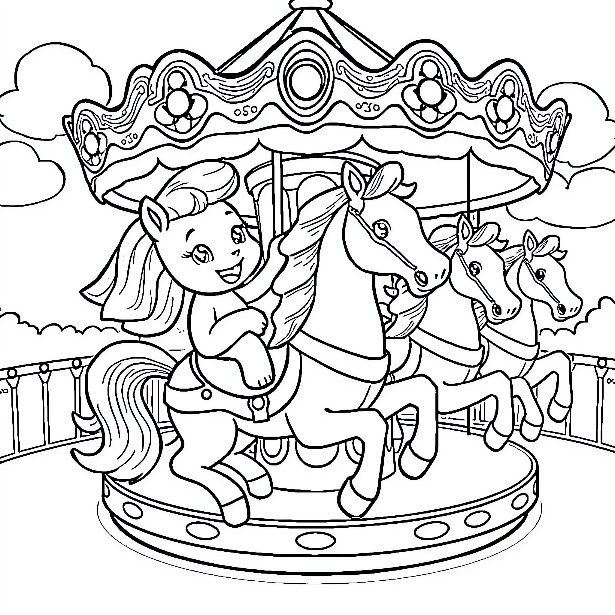 Bluey rides a joyful carousel with colorful horses Coloring Page (free black-and-white line drawing printable PDF for all, from beginners to advanced learners, including children, teens, adults, and seniors)