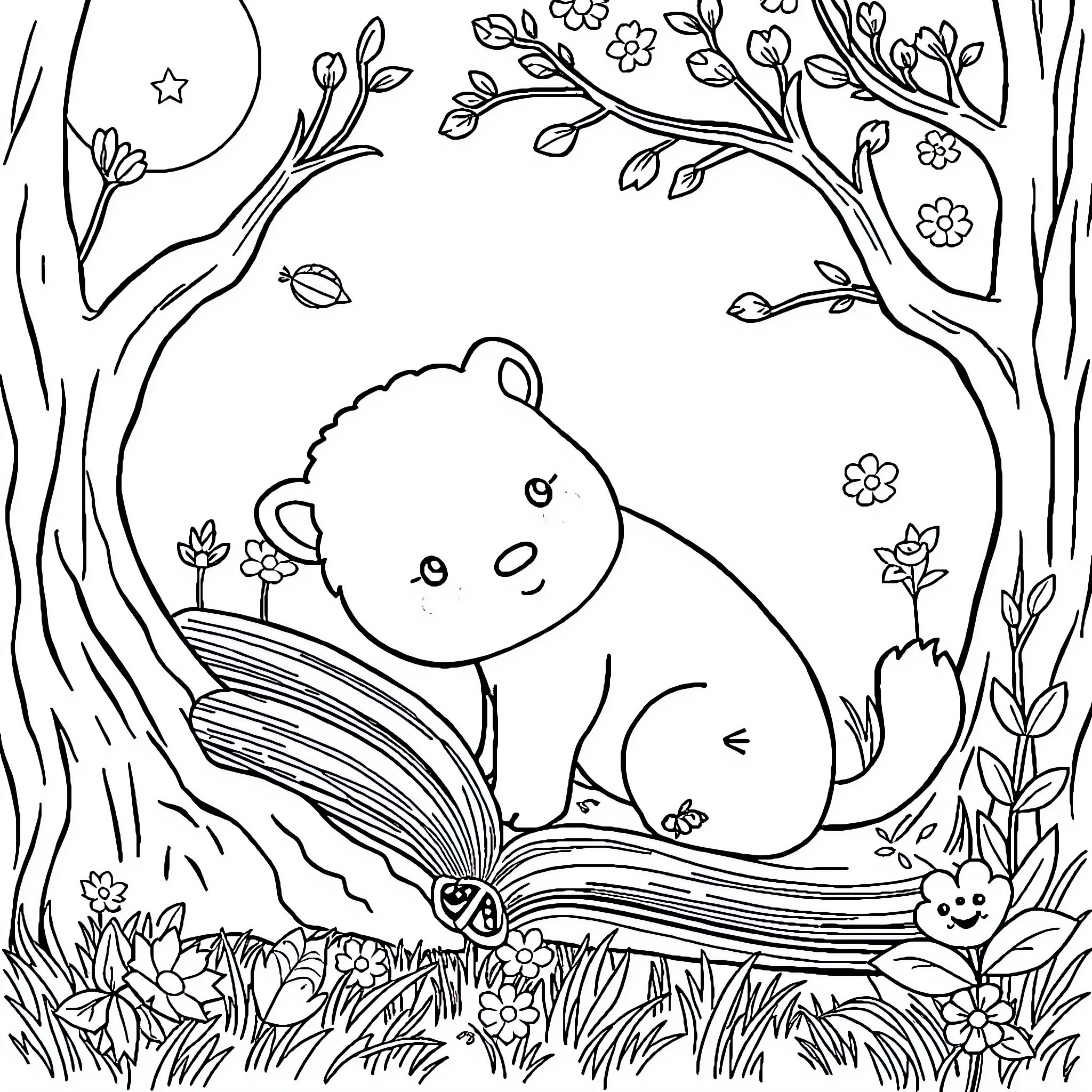 Animal sleeping peacefully in the forest Coloring Page (free black-and-white line drawing printable PDF for all, from beginners to advanced learners, including children, teens, adults, and seniors)