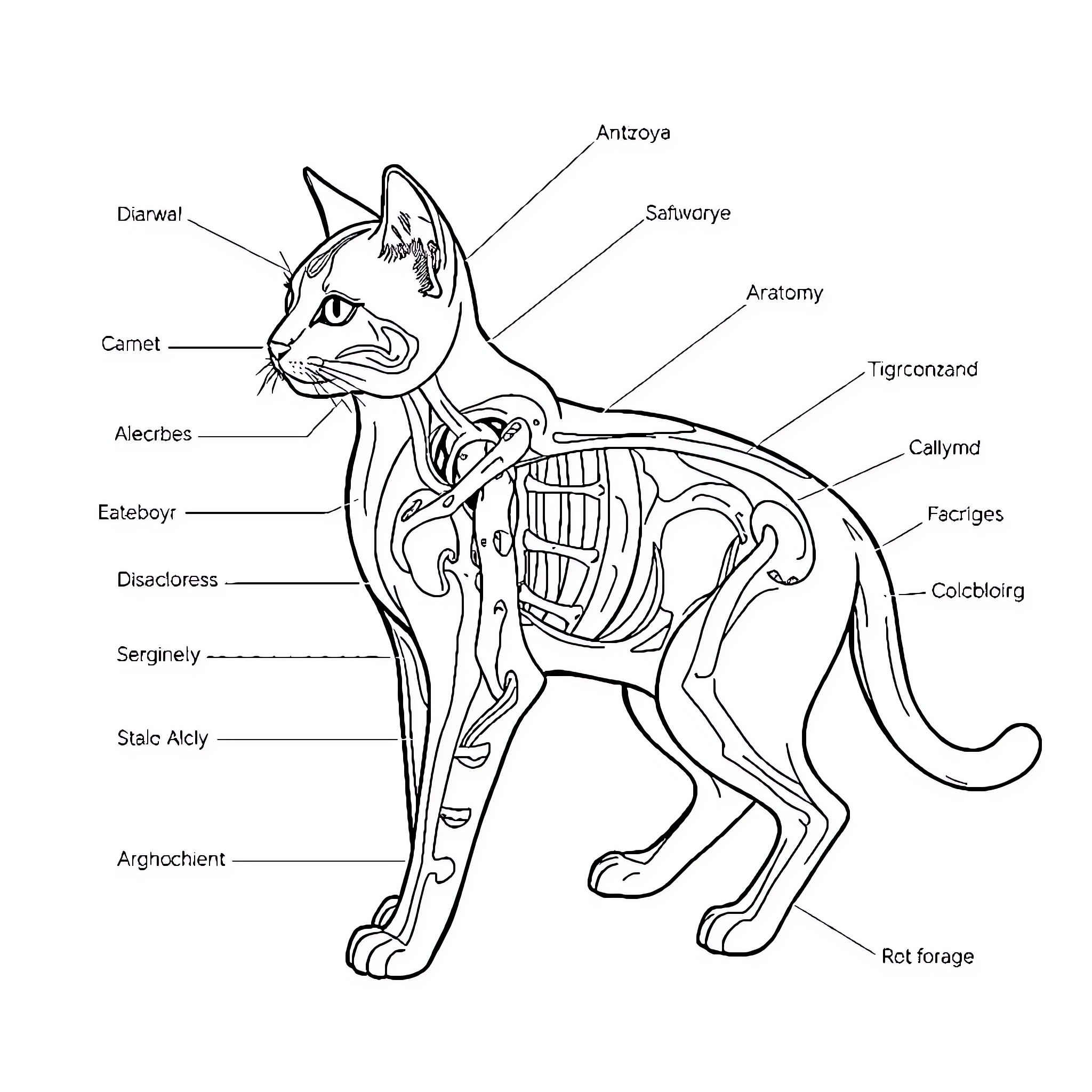 Cat Anatomy Diagram Coloring Page (free black-and-white line drawing printable PDF for all, from beginners to advanced learners, including children, teens, adults, and seniors)