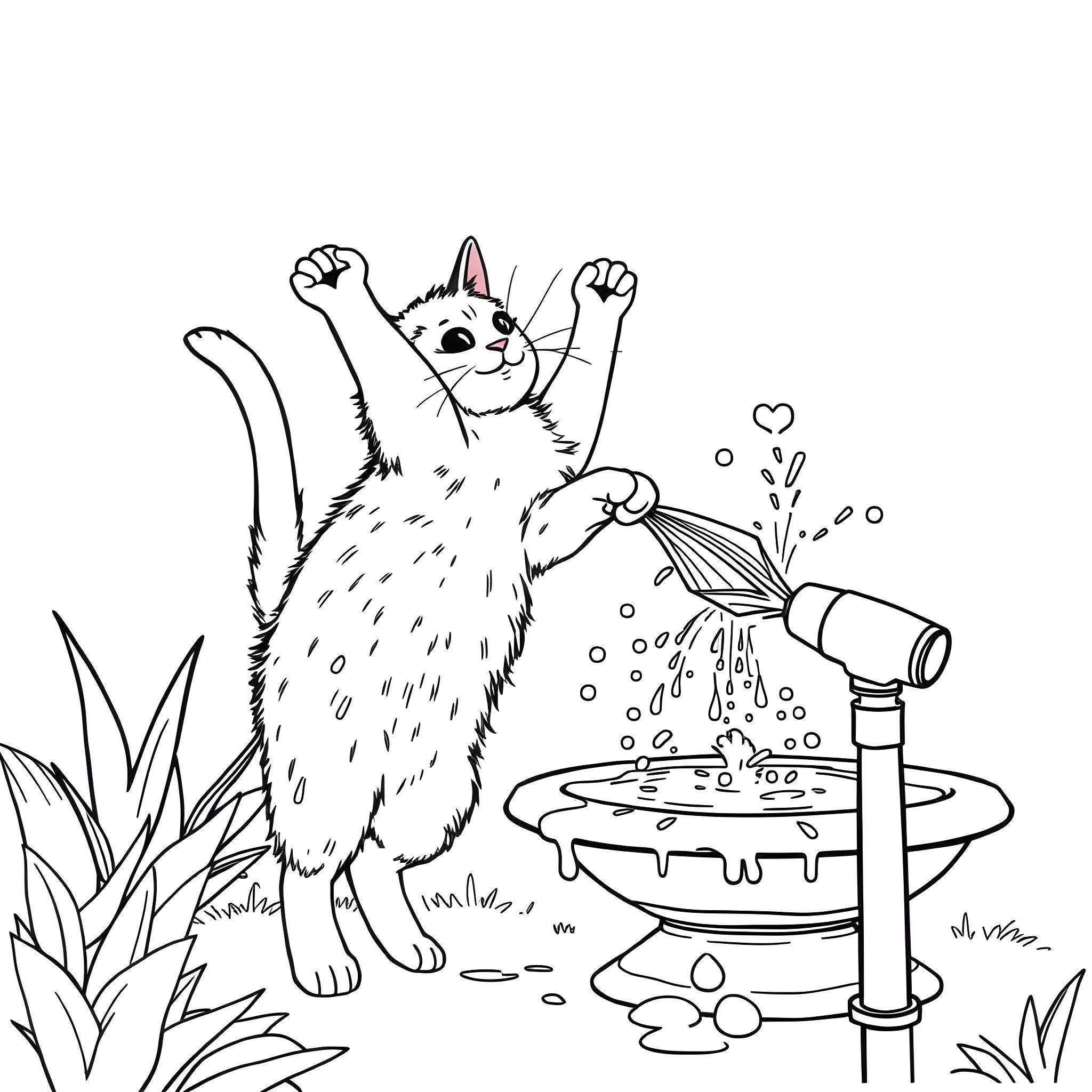 Cat enjoying a playful bath time Coloring Page (free black-and-white line drawing printable PDF for all, from beginners to advanced learners, including children, teens, adults, and seniors)