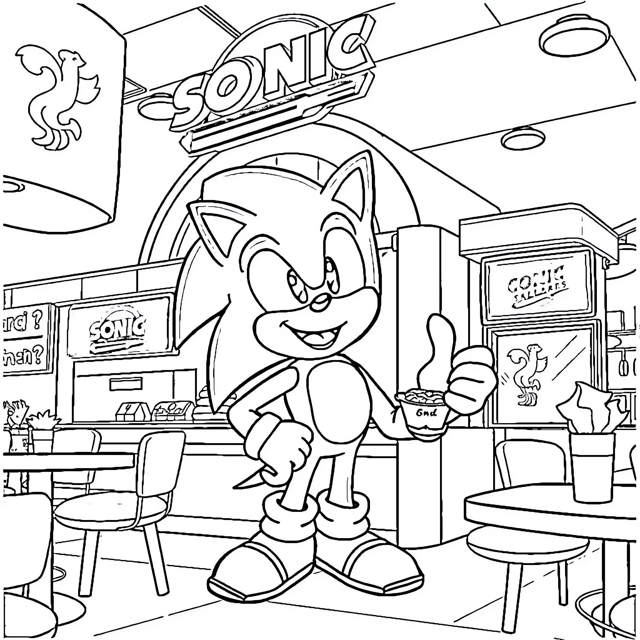 Sonic enjoying a fun day at the arcade Coloring Page (free black-and-white line drawing printable PDF for all, from beginners to advanced learners, including children, teens, adults, and seniors)
