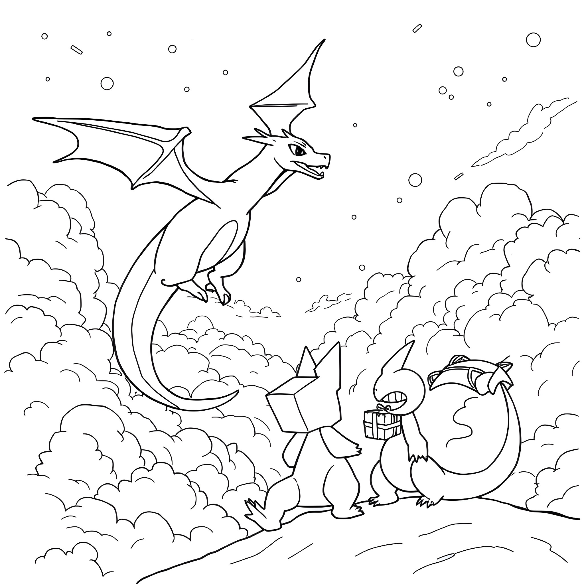 Dragonite soaring through the clouds with Pokemon companions Coloring Page (free black-and-white line drawing printable PDF for all, from beginners to advanced learners, including children, teens, adults, and seniors)
